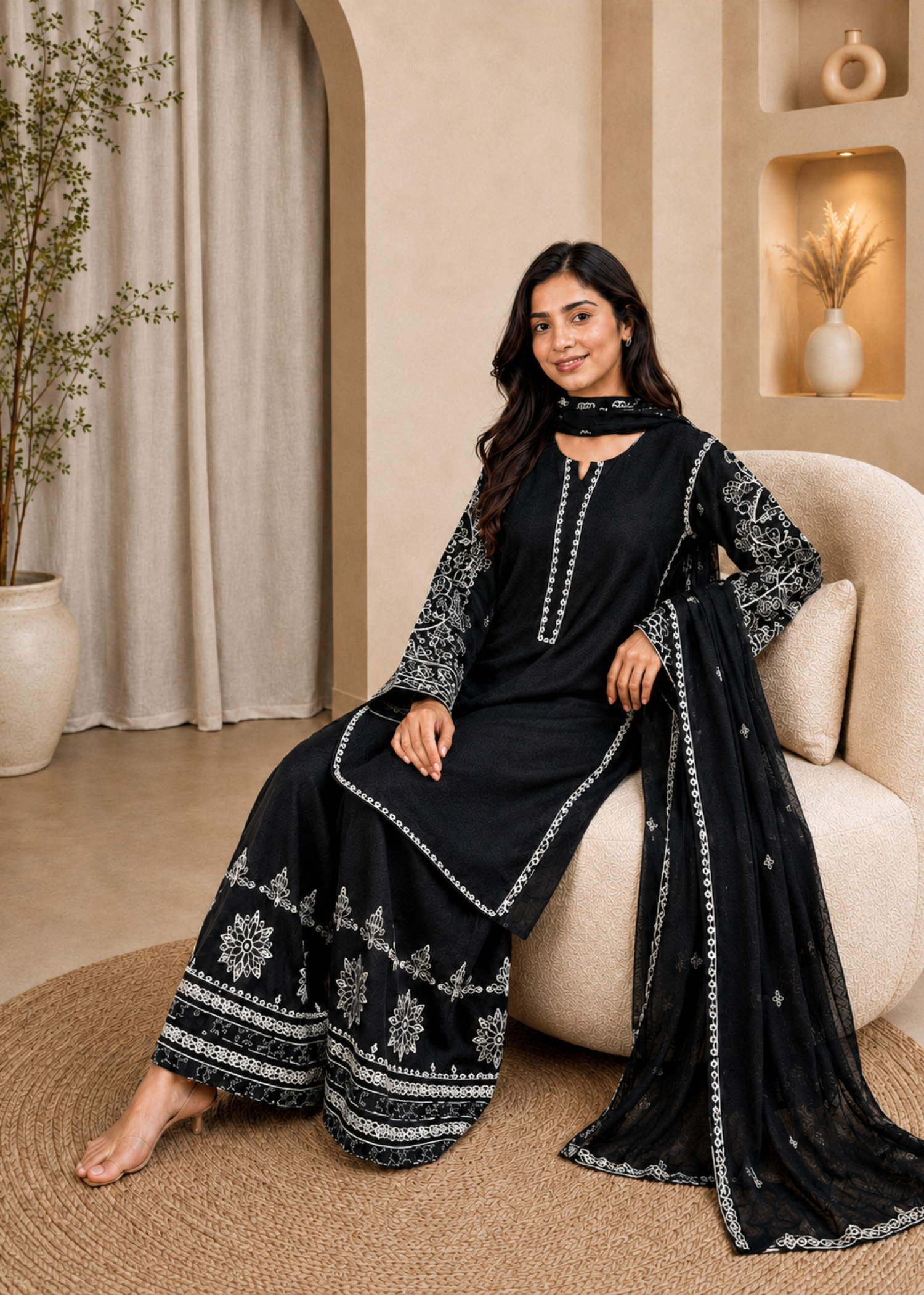lawn cotton Kurta Set in White, jet black