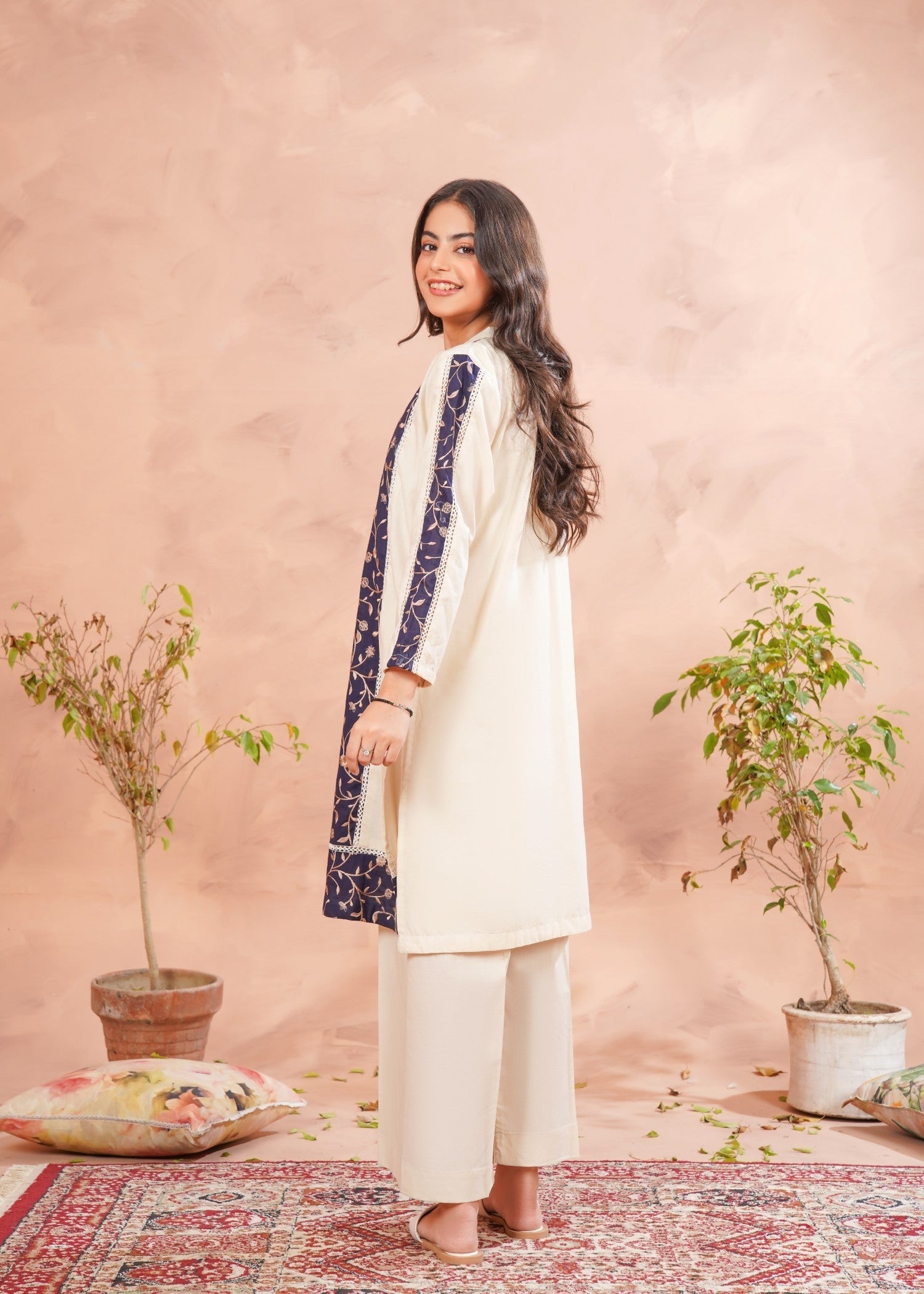 cotton Kurta Set in Wheat, navy blue