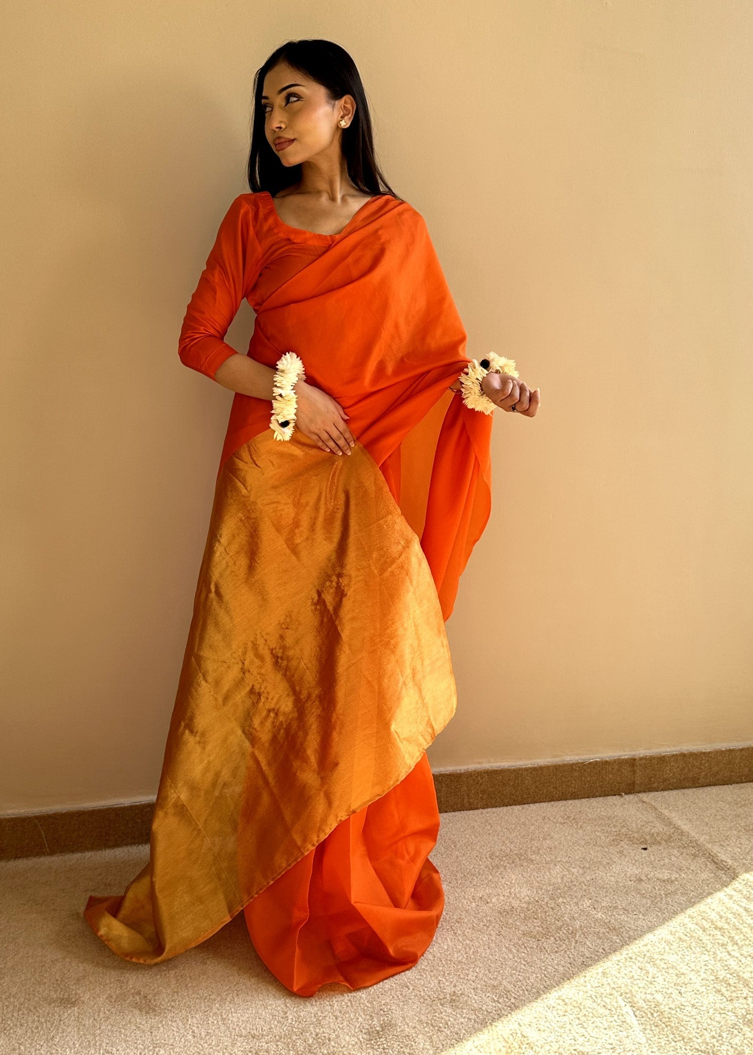 kattan silk Saree in Pumpkin orange