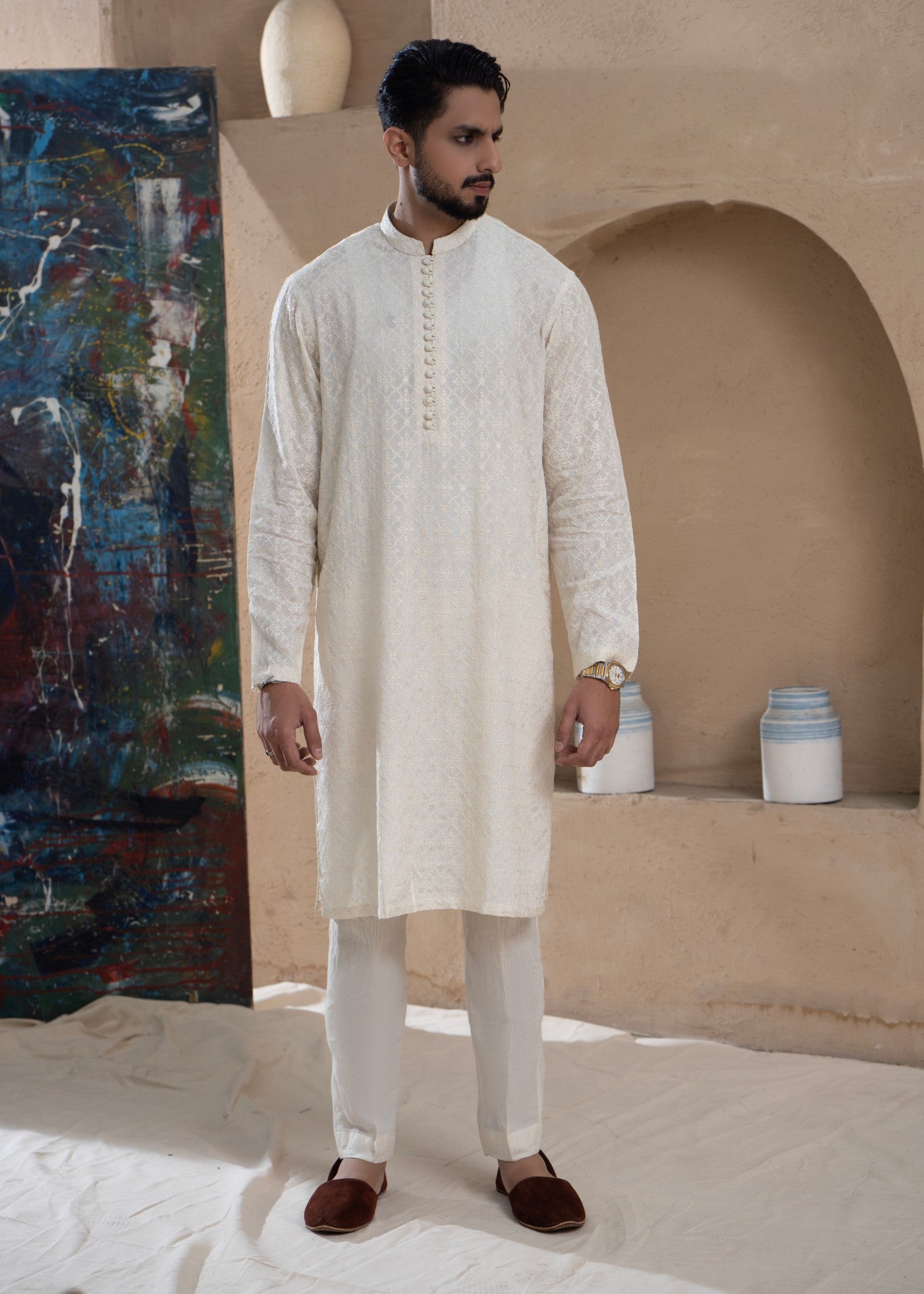 viscose raw silk Kurta Set in Off-white