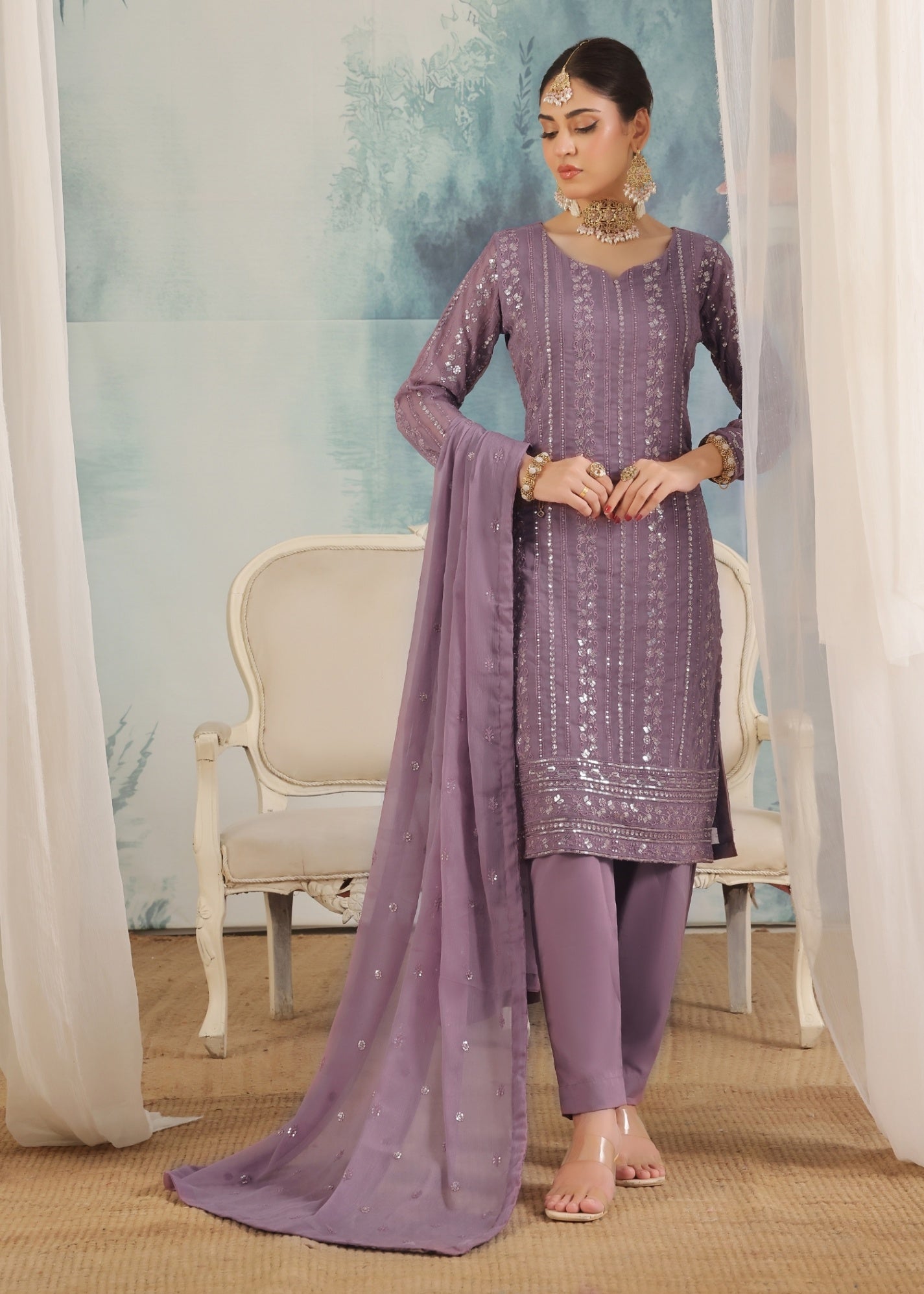 chiffon Kurta Set in Purple mountain majesty