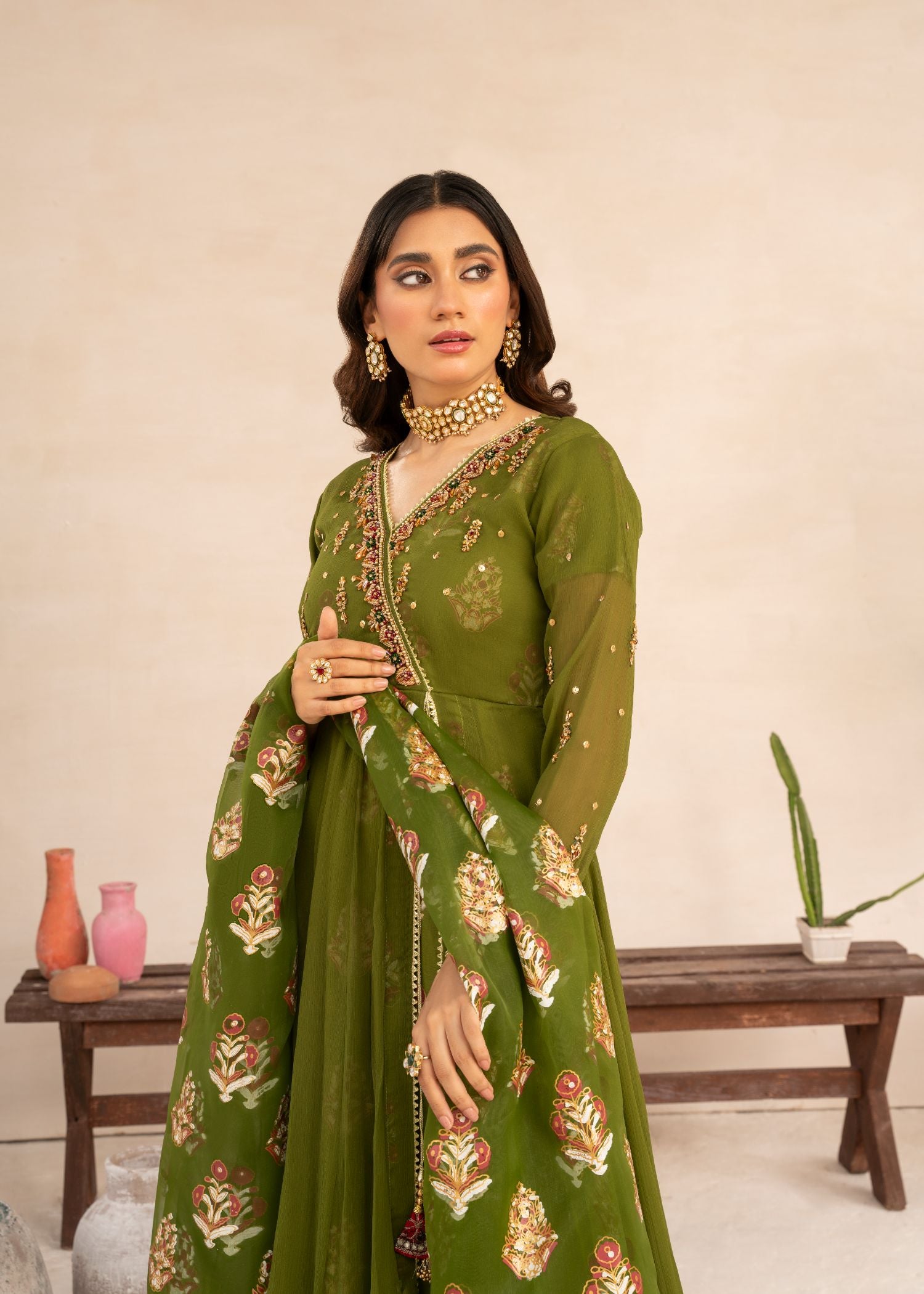 chiffon Angrakha in Olive green