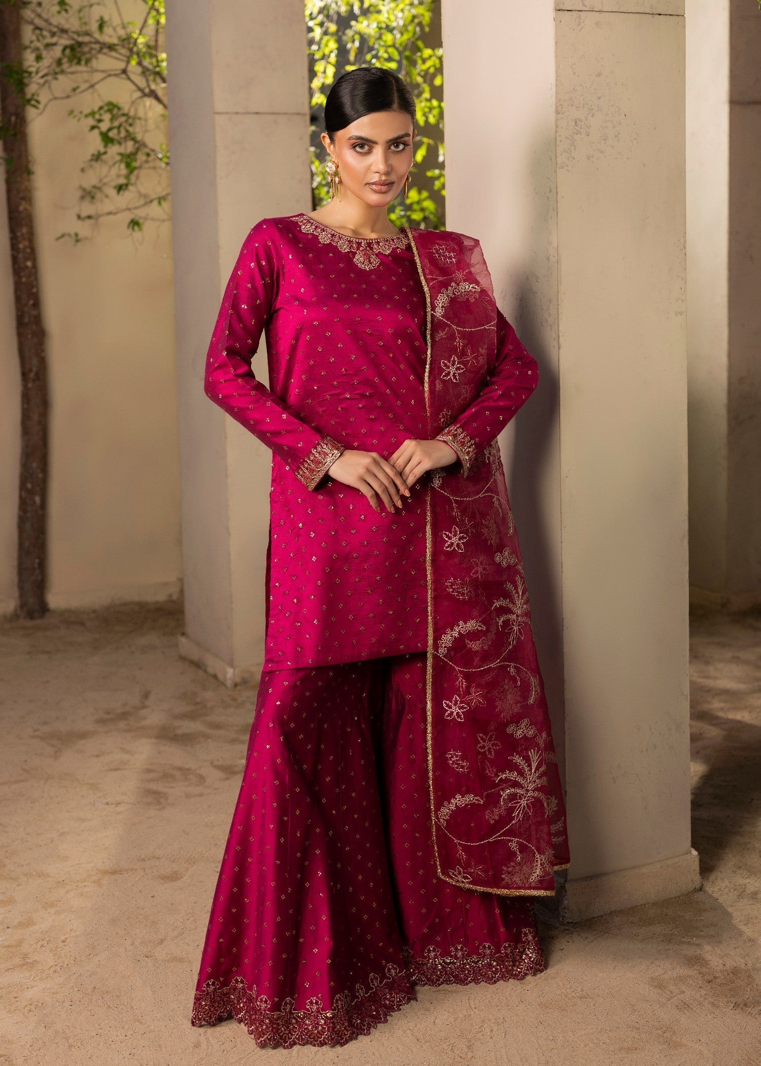 cotton silk banarasi Sharara in Magenta haze