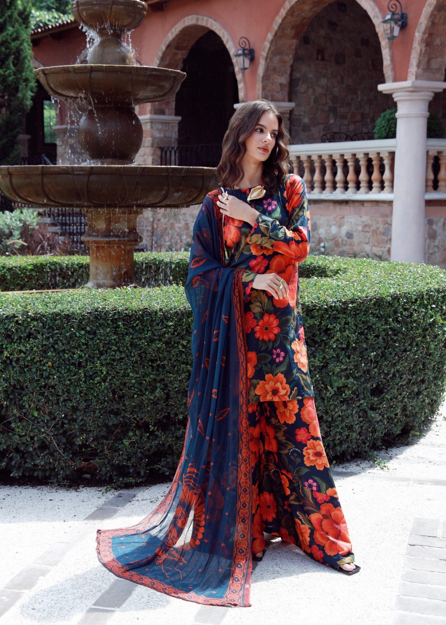 lawn Sharara in Orange, pumpkin orange