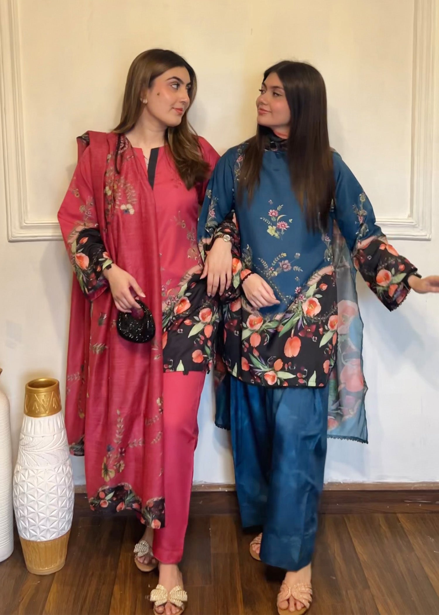 silk finish lawn Kurta Set in Multi