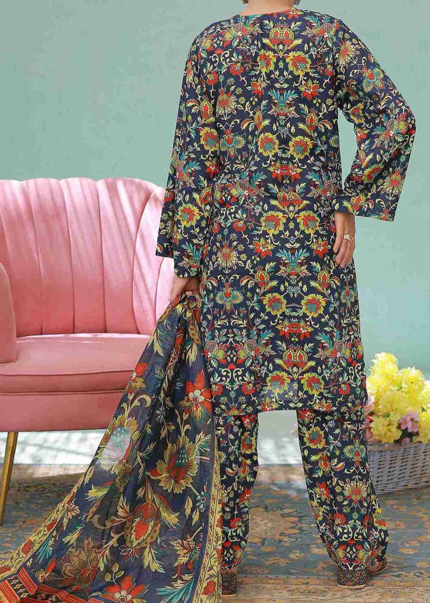 swiss lawn Kurta Set in Dark blue
