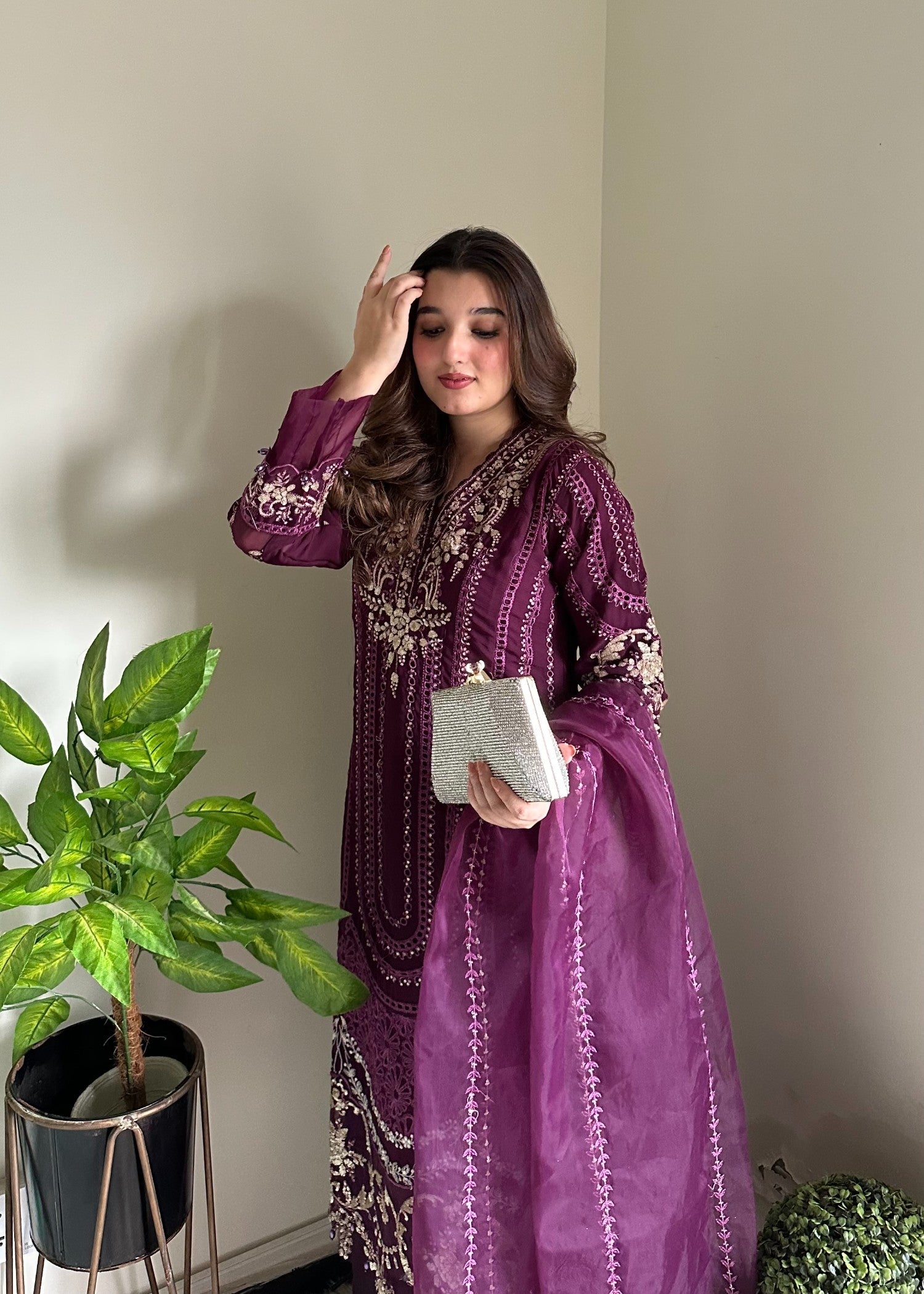 chiffon Kurta Set in Plum purple