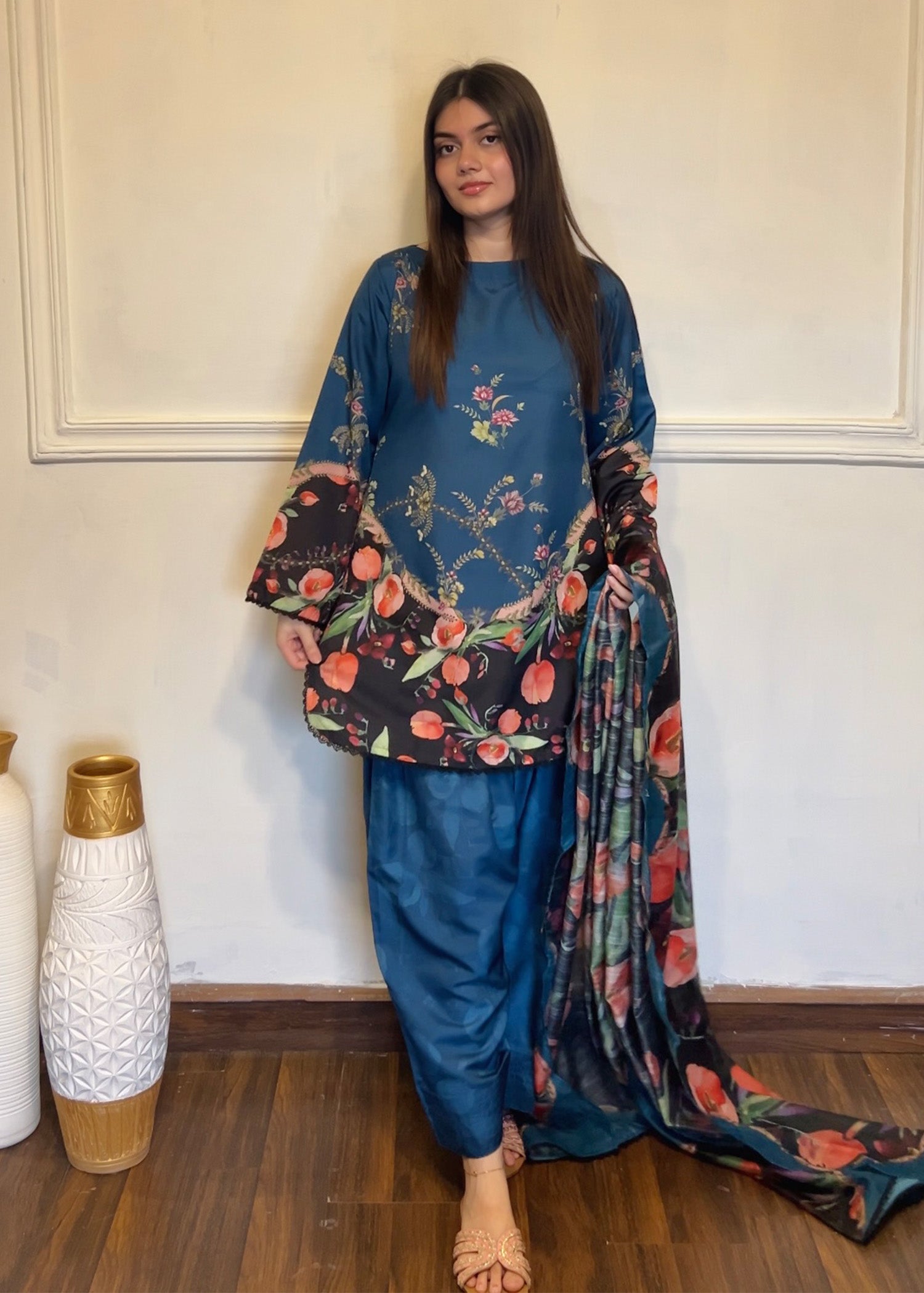 silk finish lawn Kurta Set in Steel teal