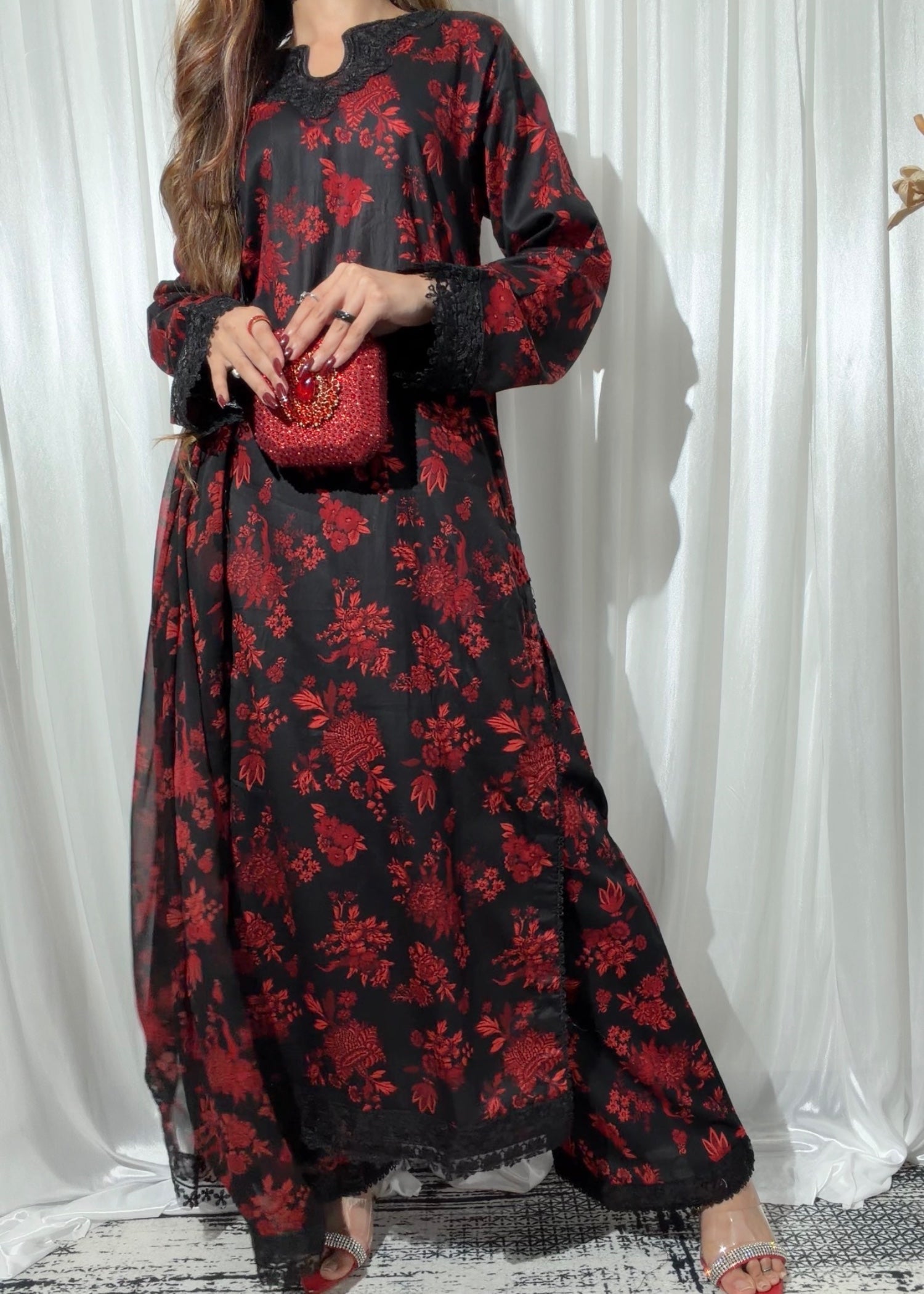 ribbed lawn Kurta Set in Black, red