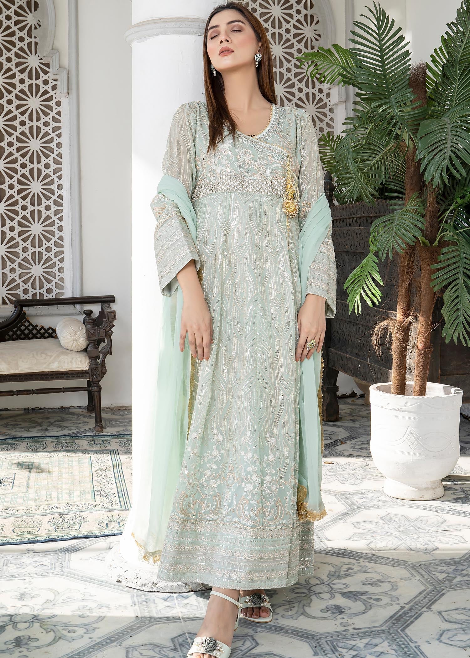 chiffon Angrakha in Aquamarine