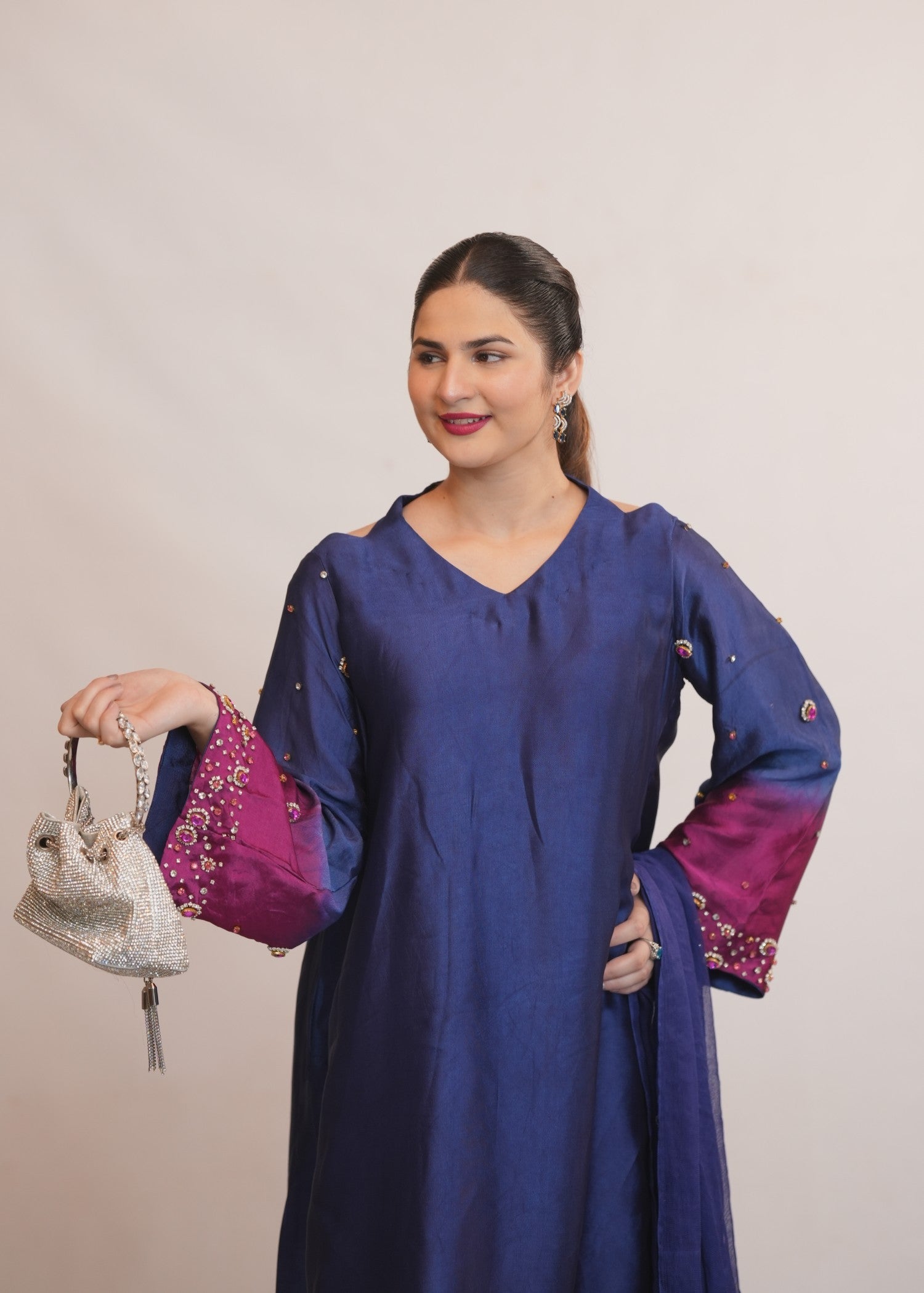 tissue silk Kurta Set in Navy blue