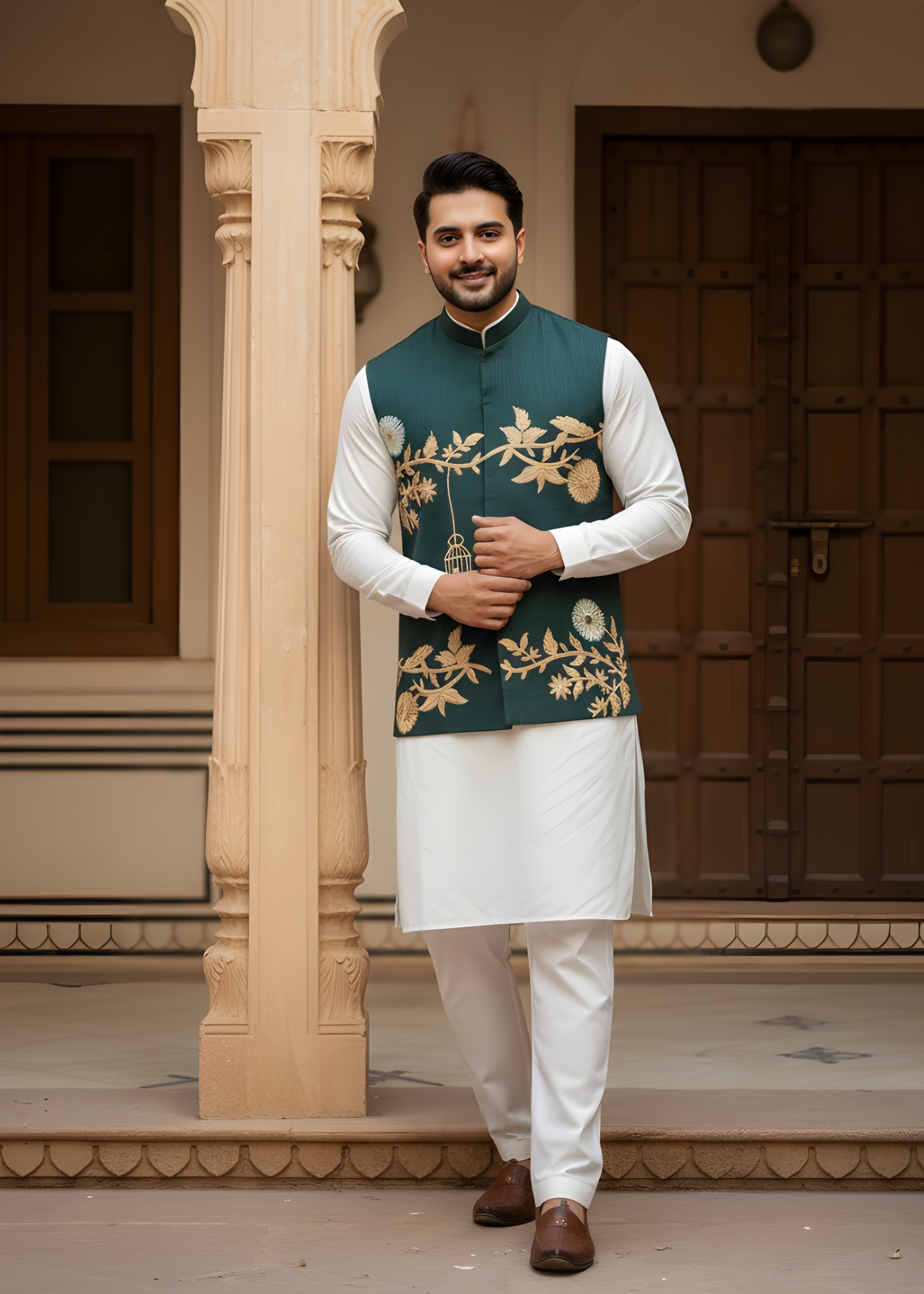 raw silk Waistcoat in Bottle green