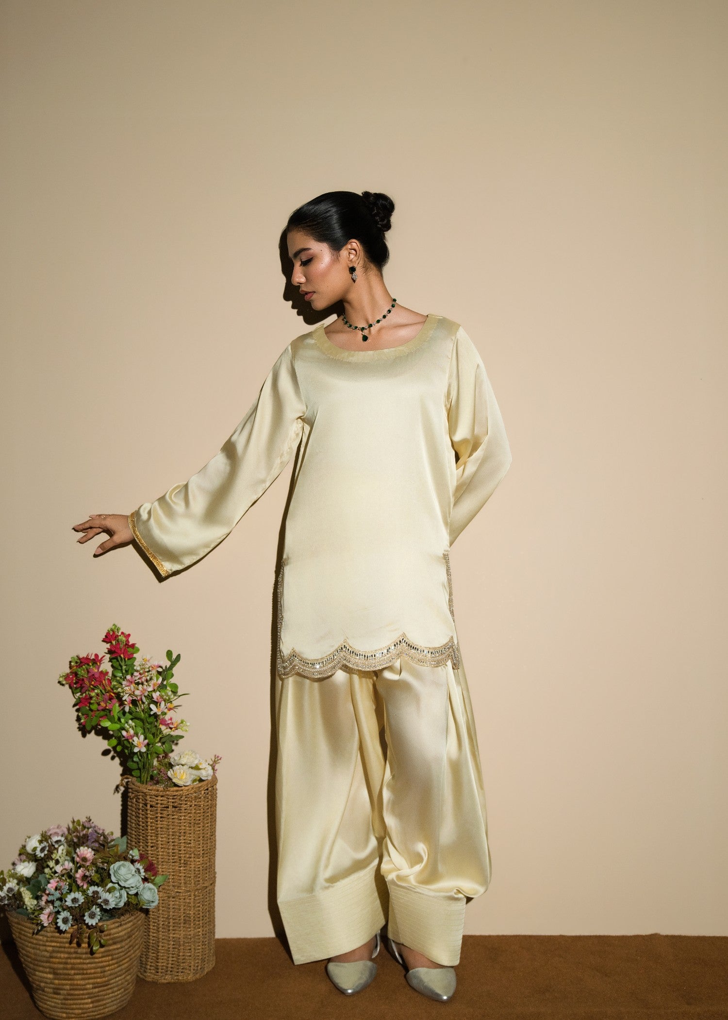 silk Kurta Set in Pale yellow
