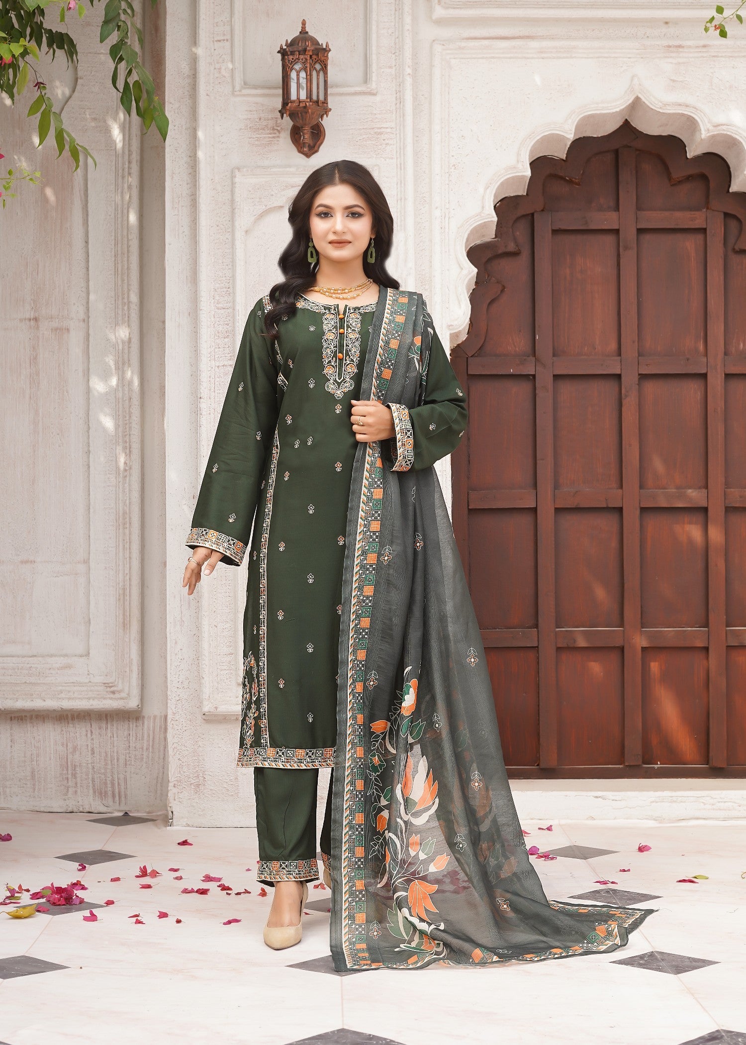 arabic lawn Kurta Set in Olive green