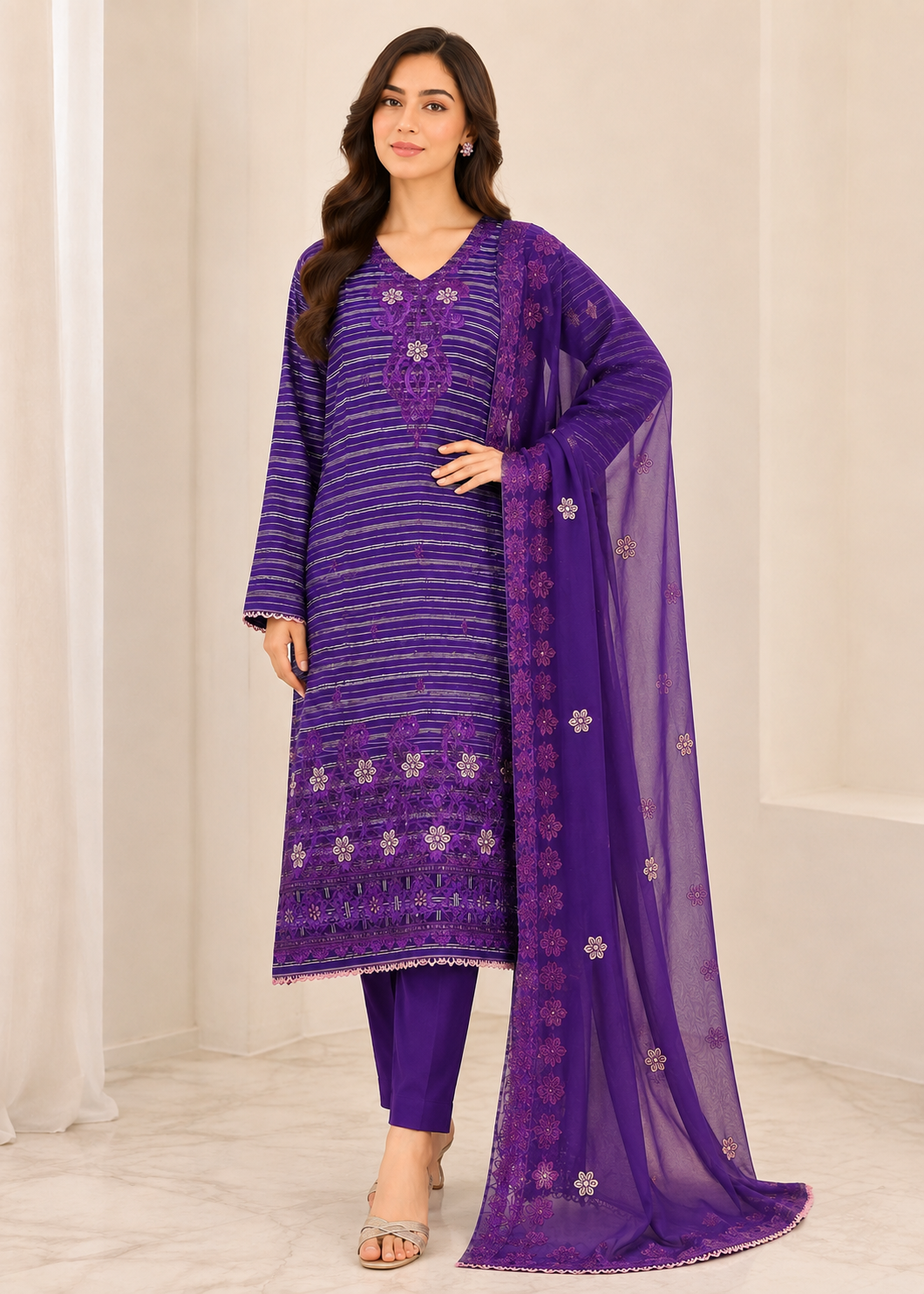 linen Kurta Set in Purple heart