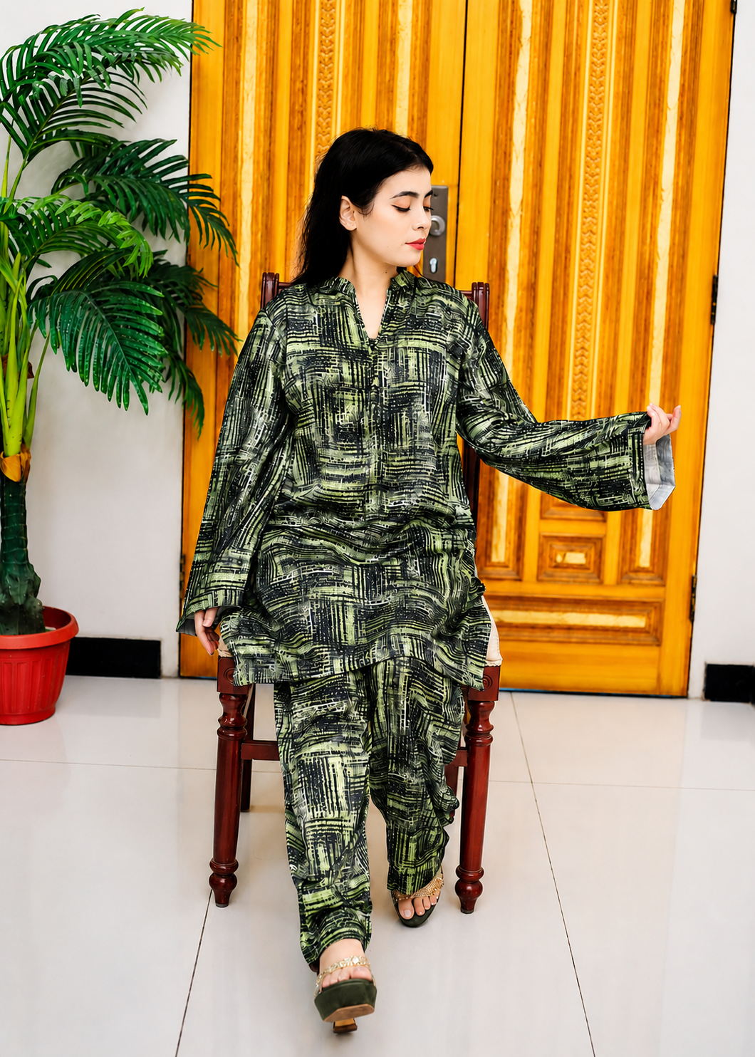 silk Co Ord Sets in Olive green, forest green, avocado green