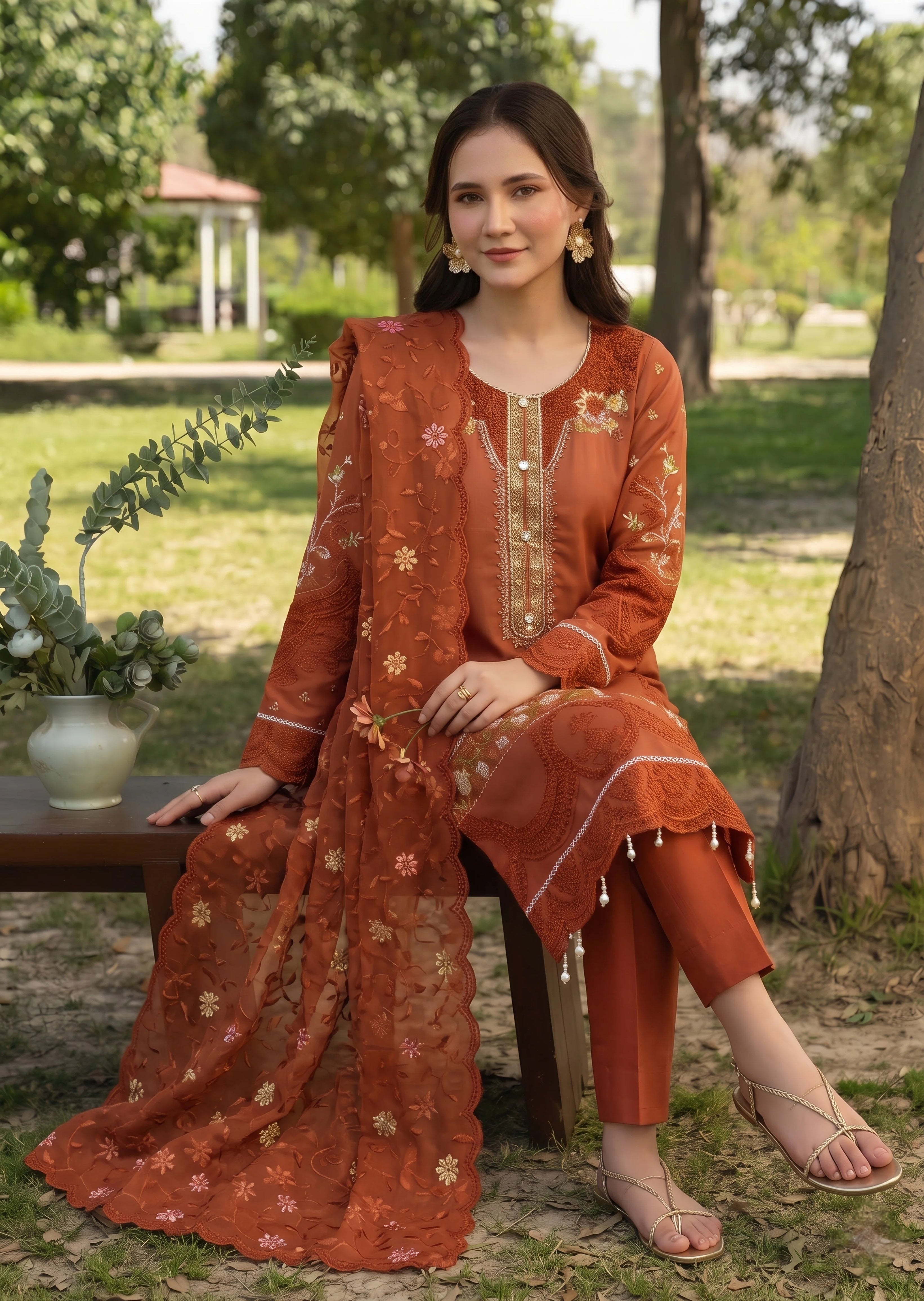 organza Kurta Set in Rust orange
