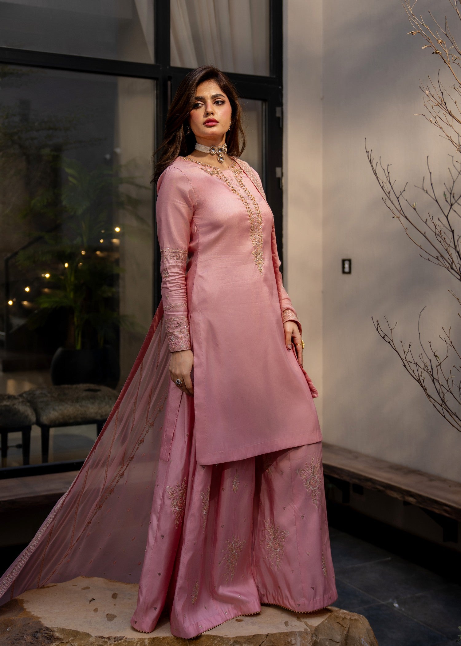 kattan silk Sharara in Tea rose pink