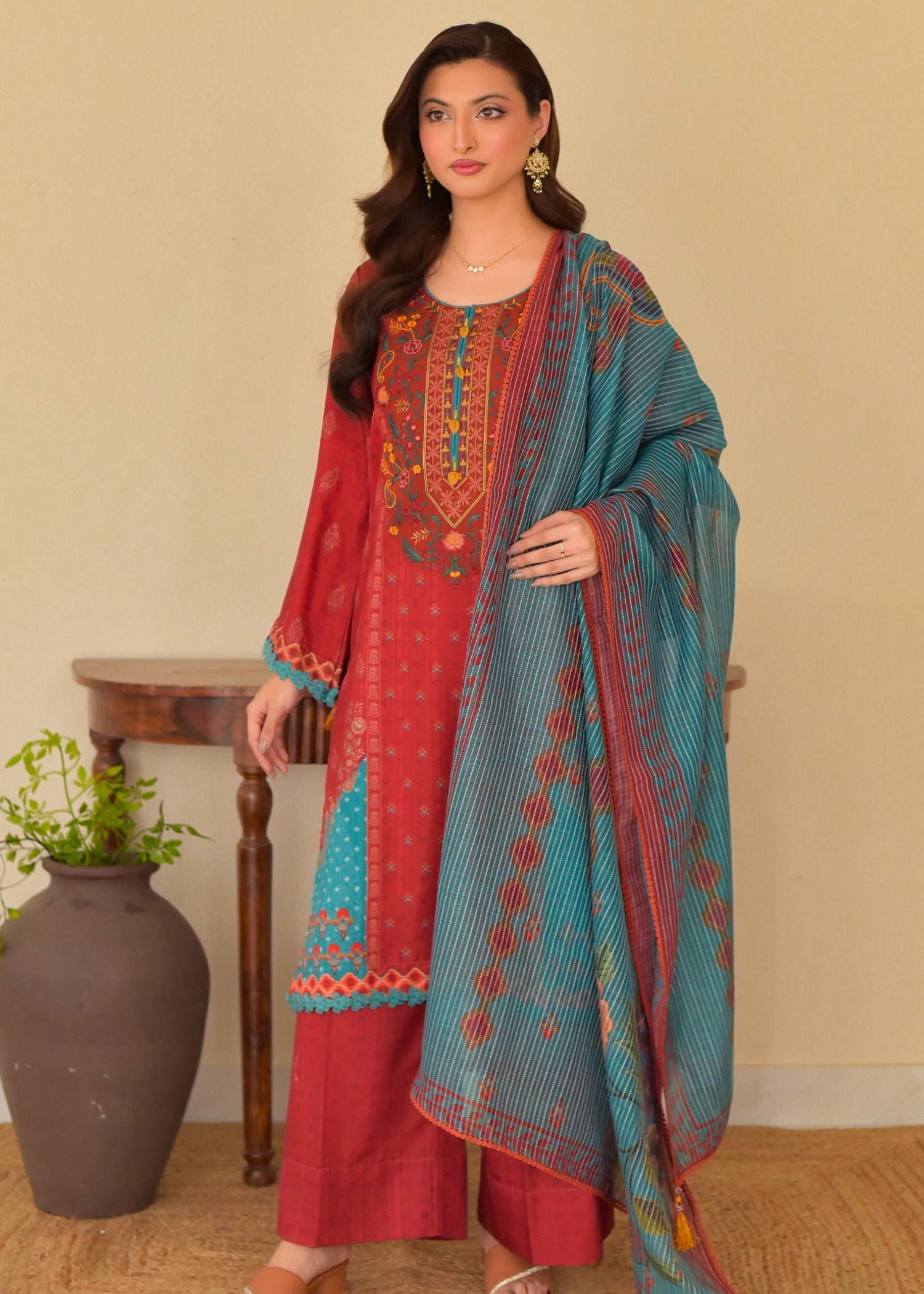 slub cambric Kurta Set in Red