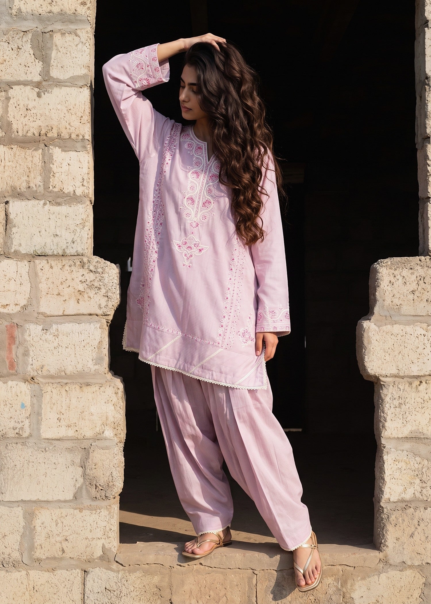 cotton Kurta Set in Tea rose pink
