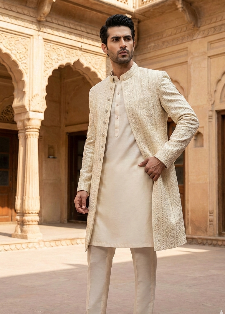 silk Sherwani in White, gold, ivory by Dulha Fashion House