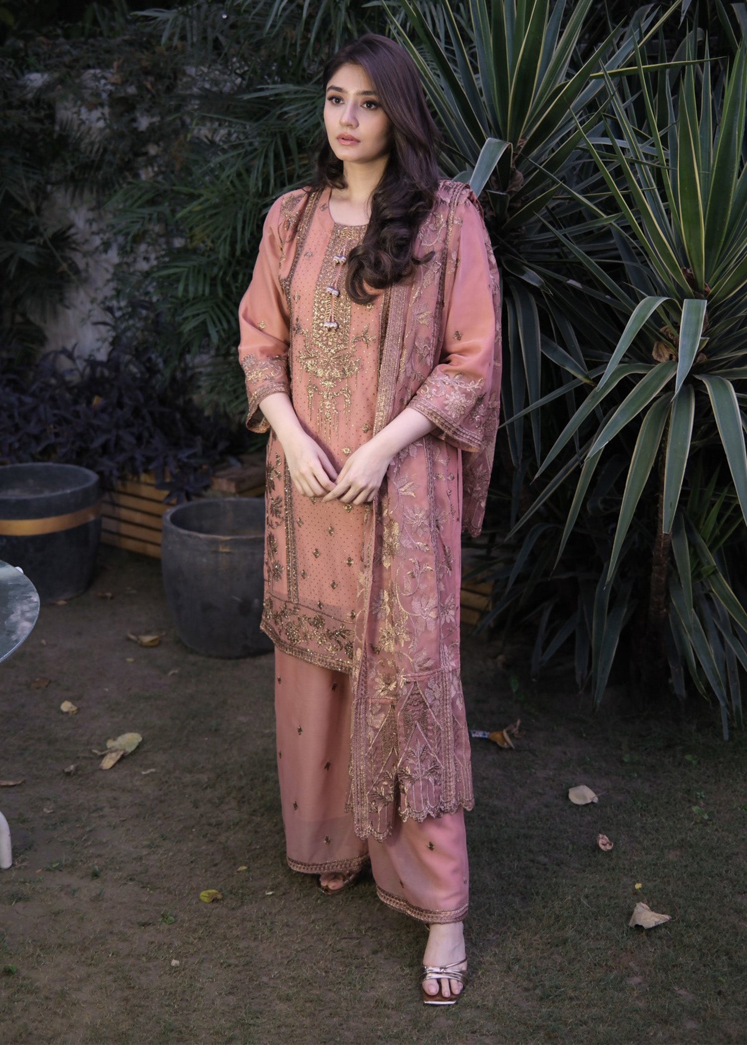 chiffon Kurta Set in Peach pink