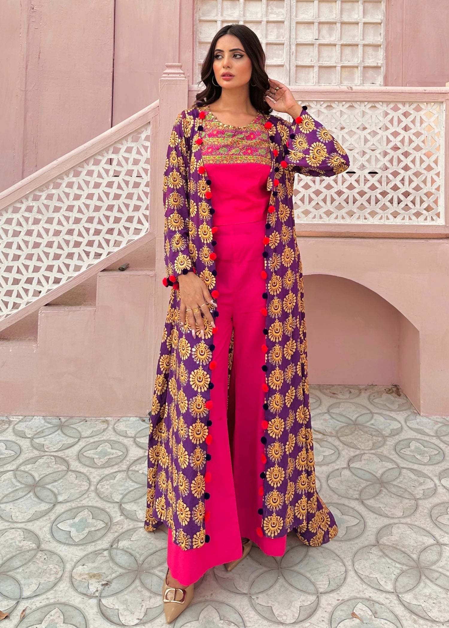 lawn Gown in Shocking pink, royal lilac