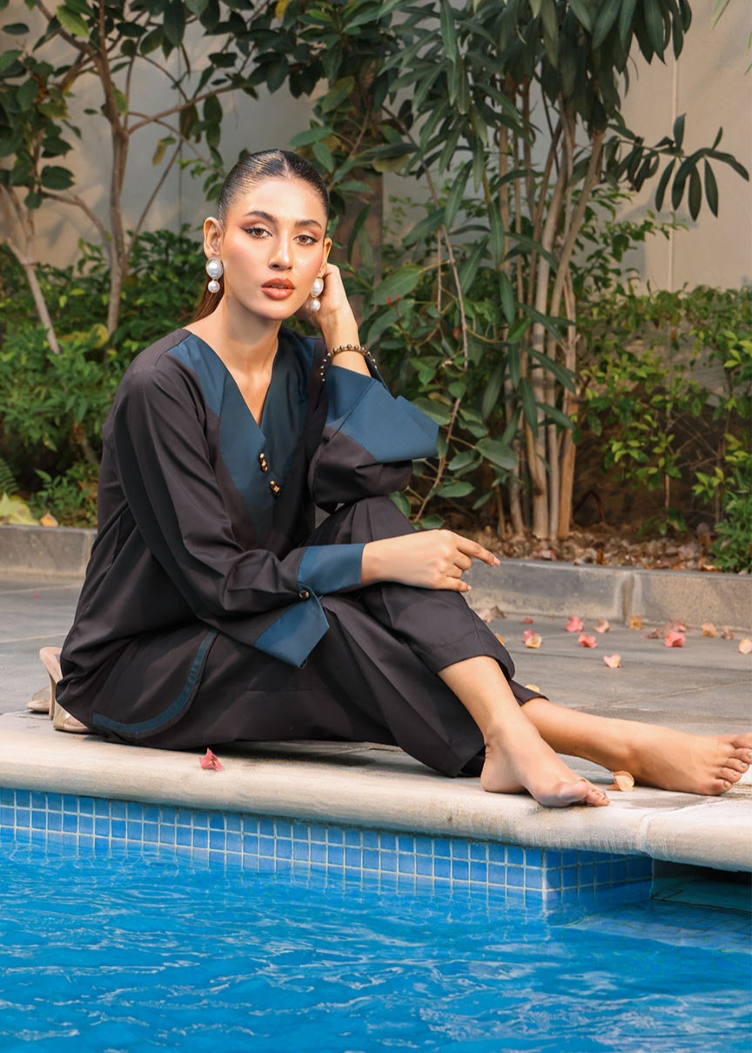 blended satin Co ord Sets in Blue, dark brown
