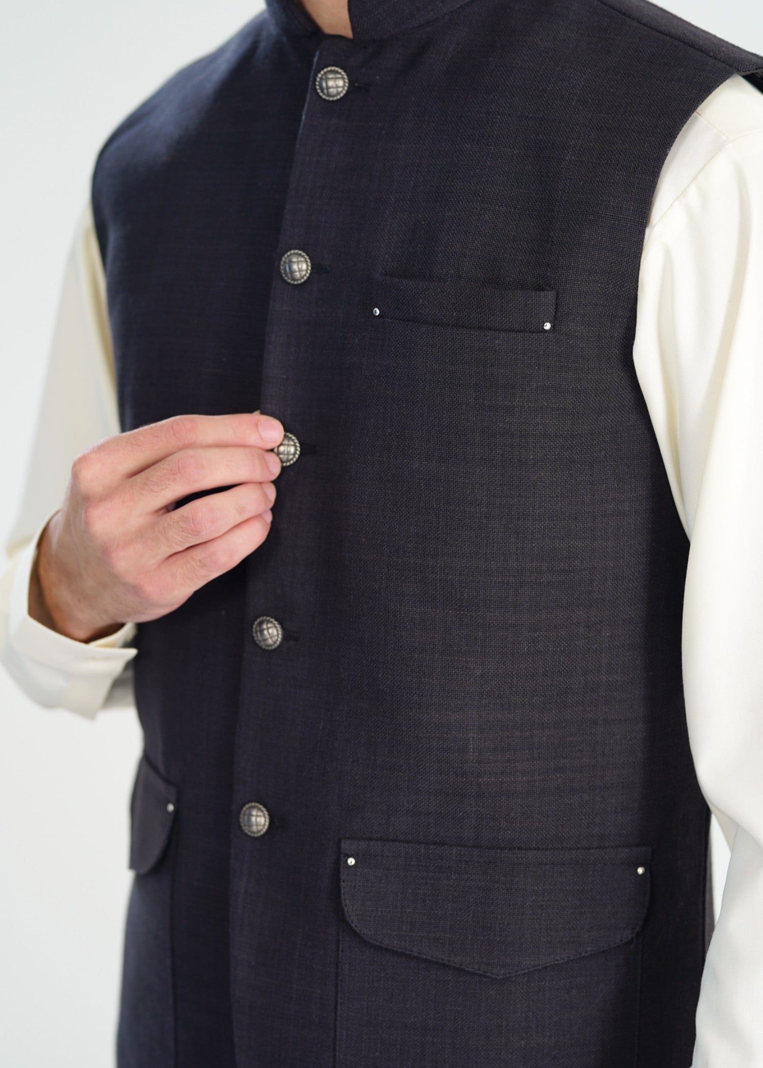 handwoven khaddar Waistcoat in Black