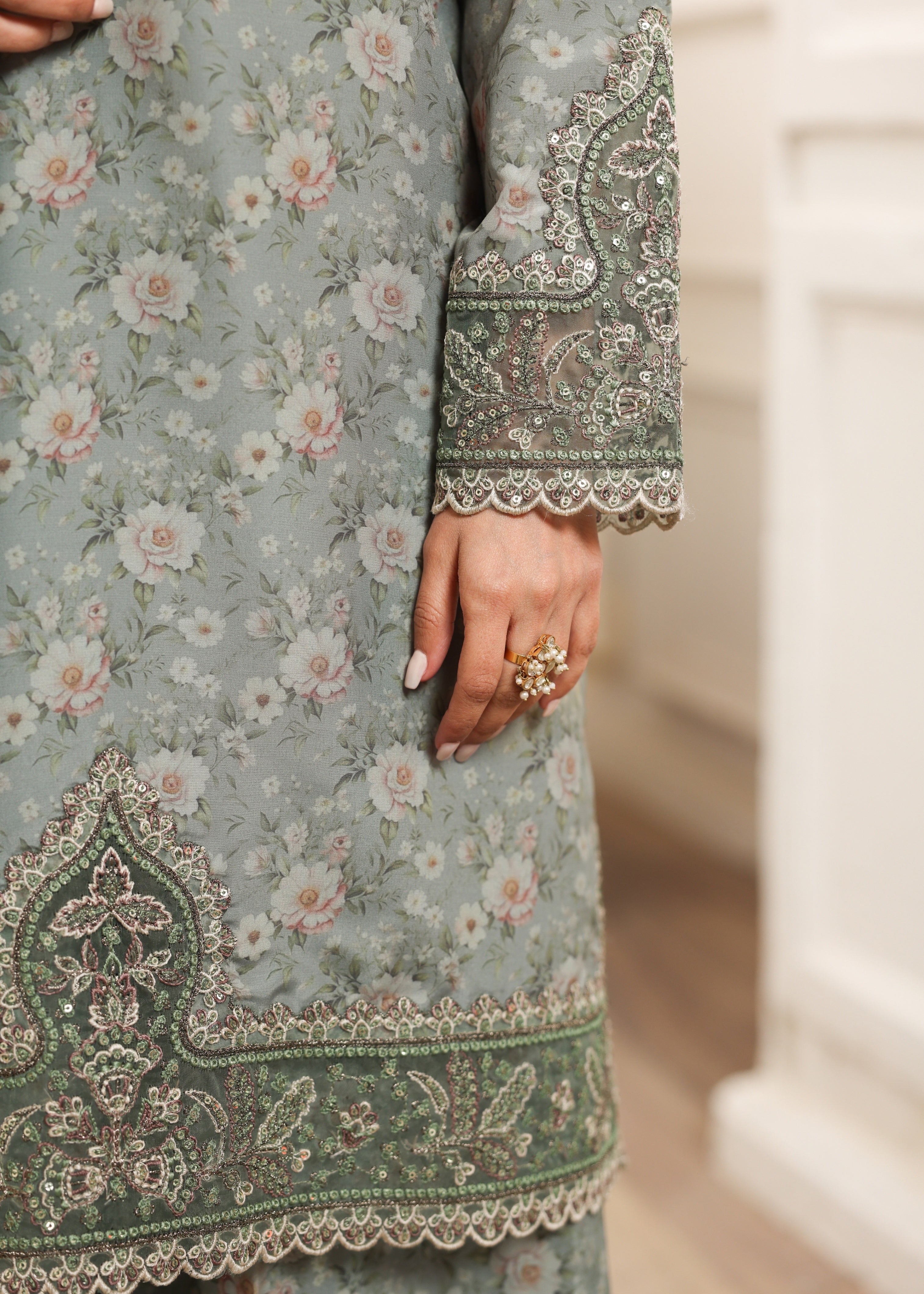 silk Kurta Set in Apple green, grey