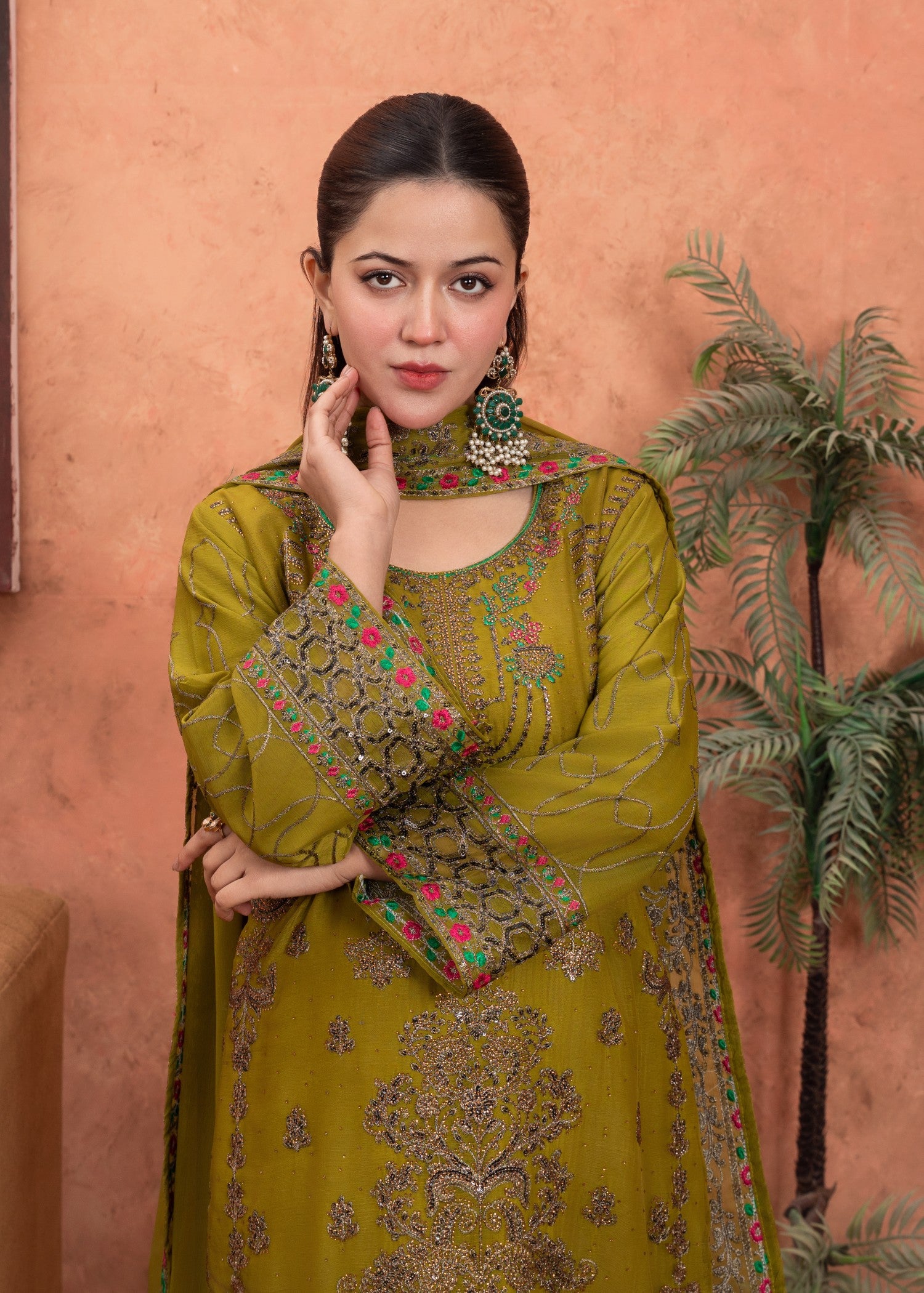 chiffon Kurta Set in Olive green