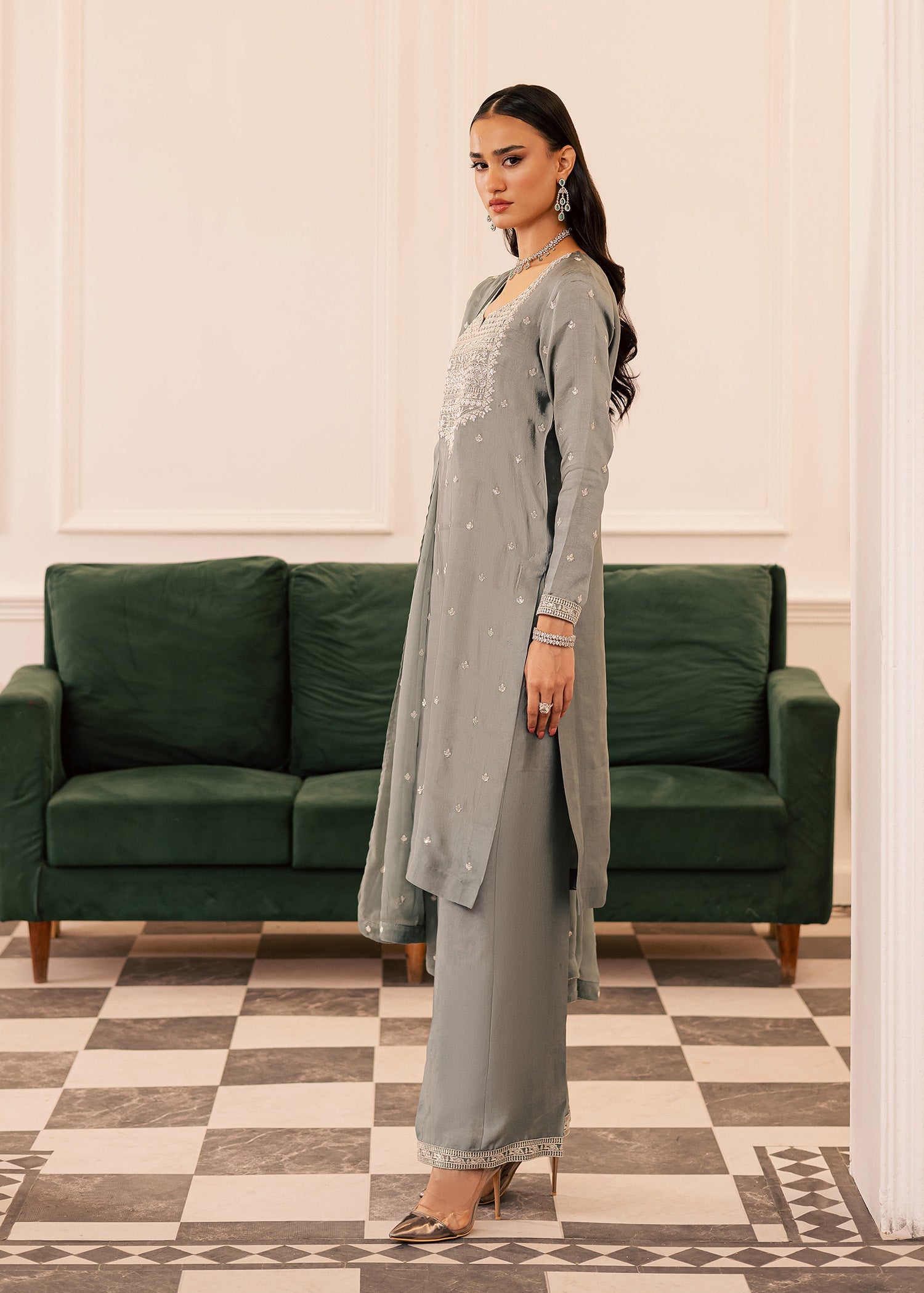 thai silk Kurta Set in Ash grey