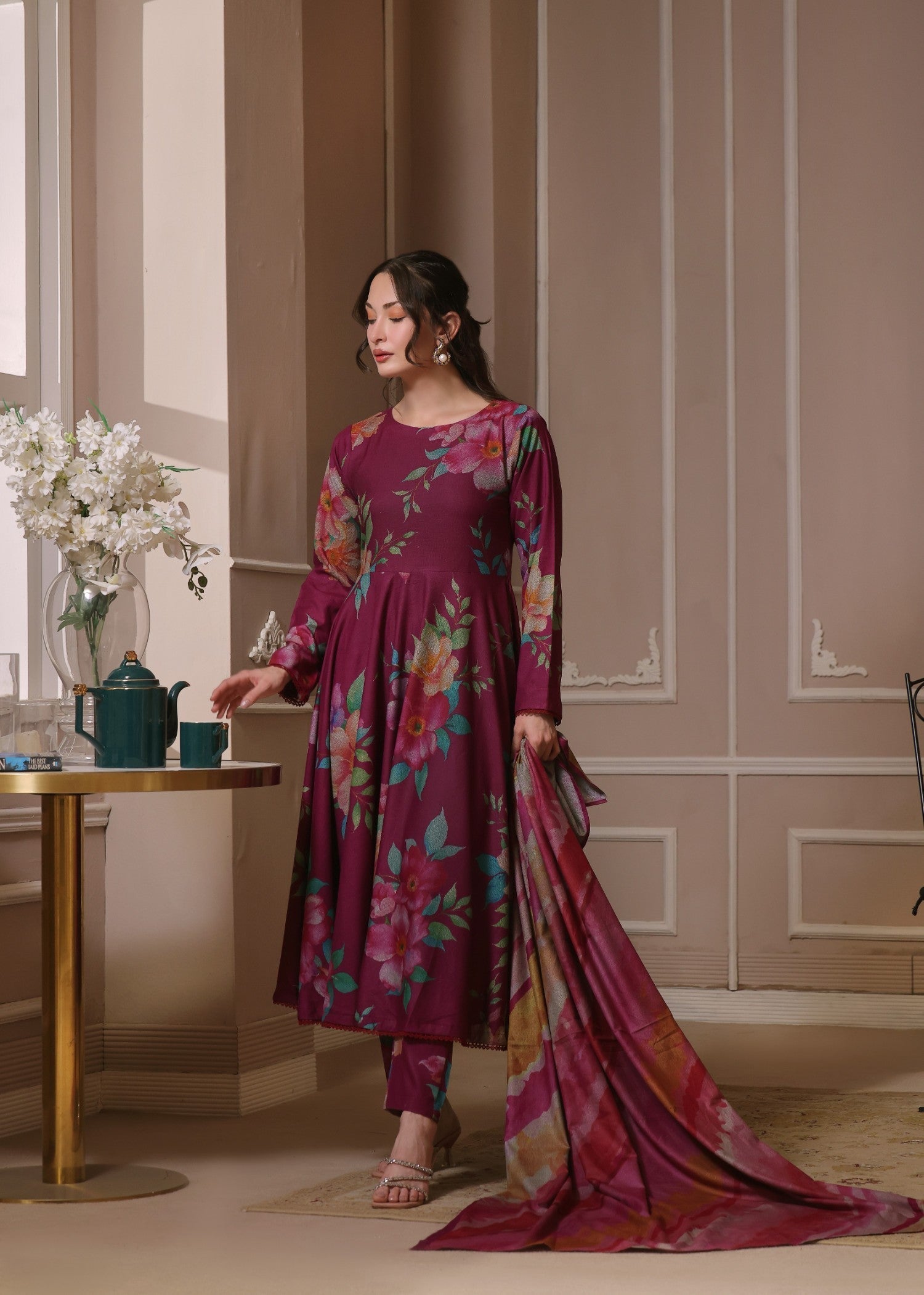 twill khaddar Unstitched in Burgundy