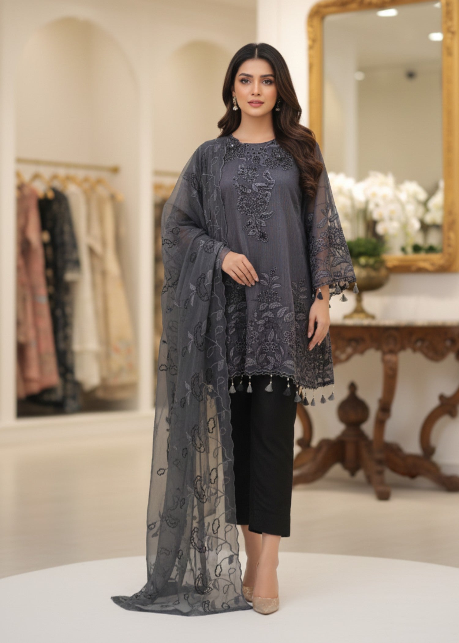 organza Short Frock in Slate grey