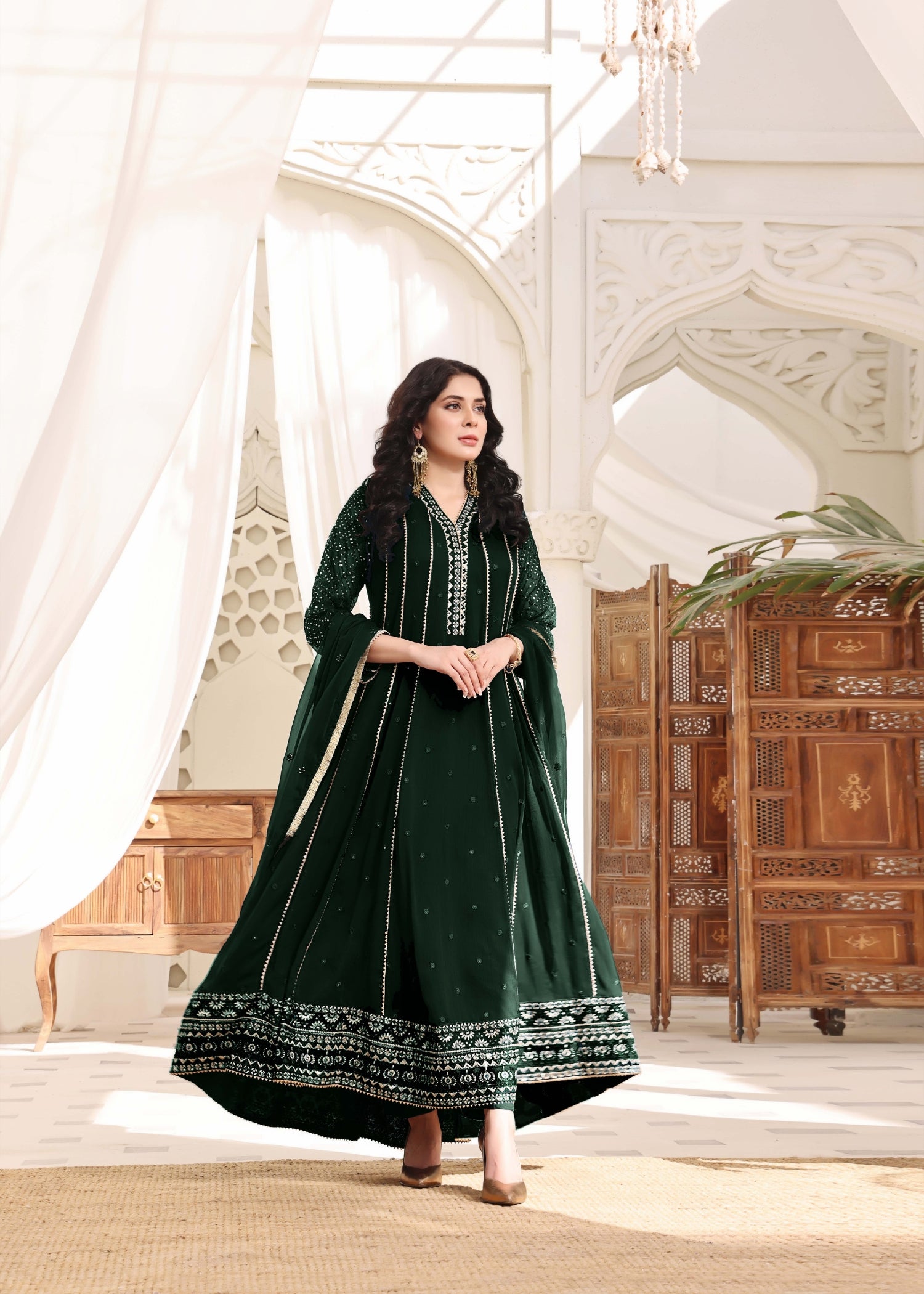 chiffon Anarkali in Dark green