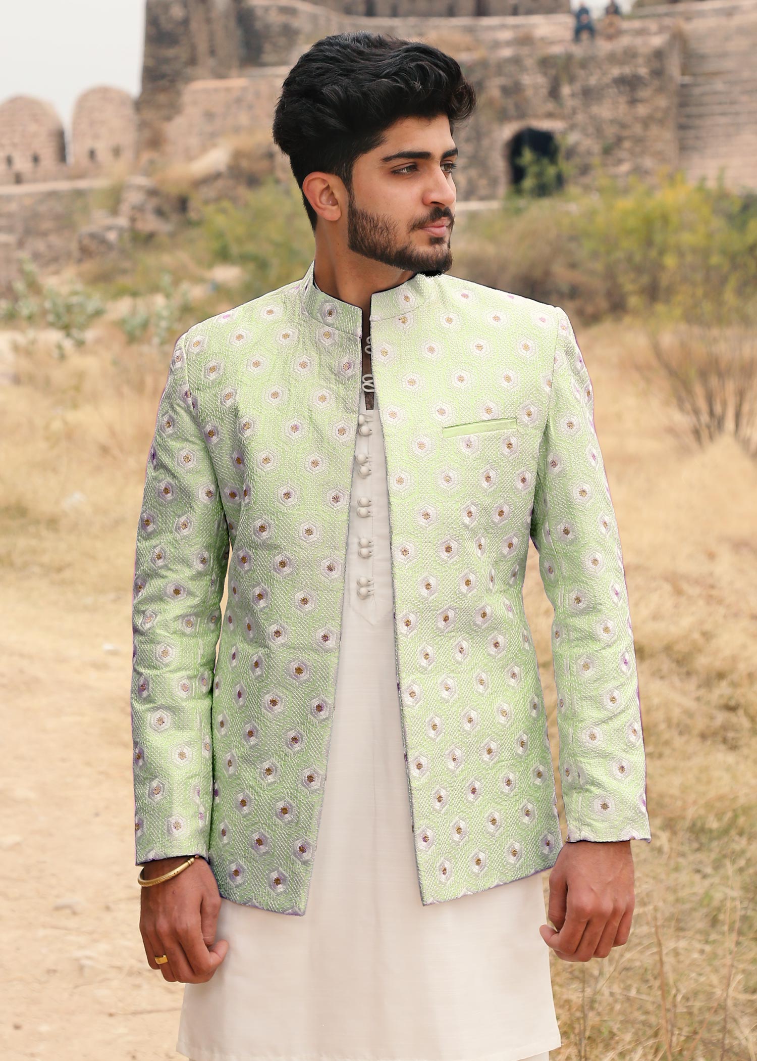 banarasi brocade Prince Coat in Pistachio green