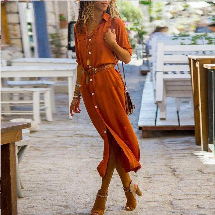 Women's Split Long Dress Skirt - Solid Color, Long Sleeves for Elegant Look