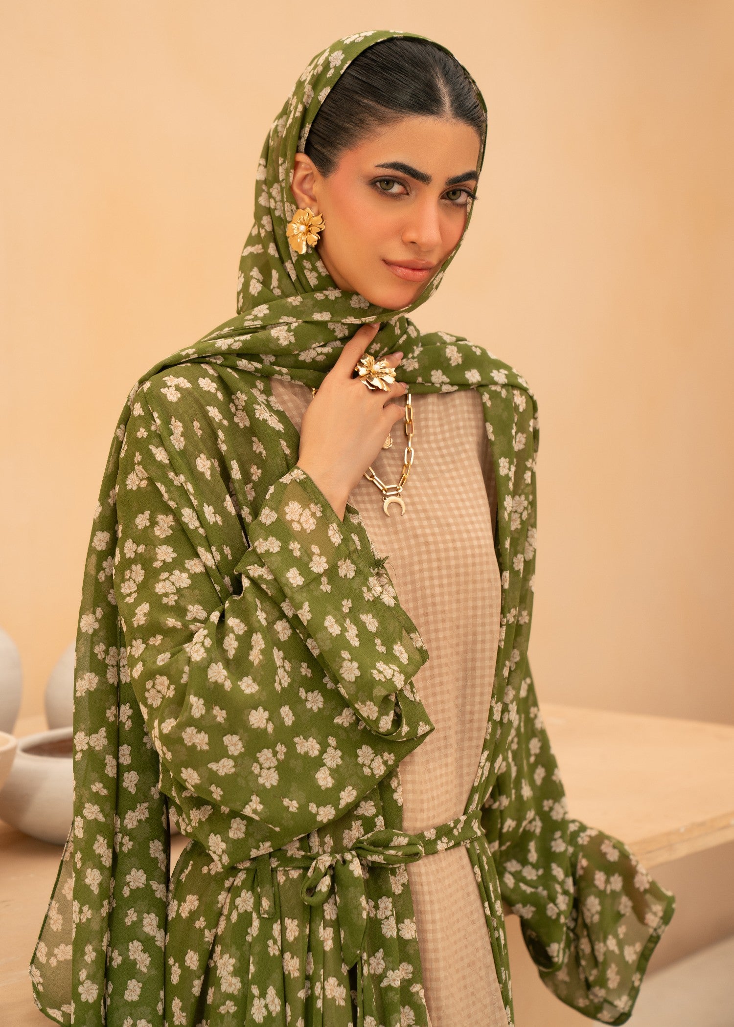 chiffon Abaya in Forest green, beige, multi