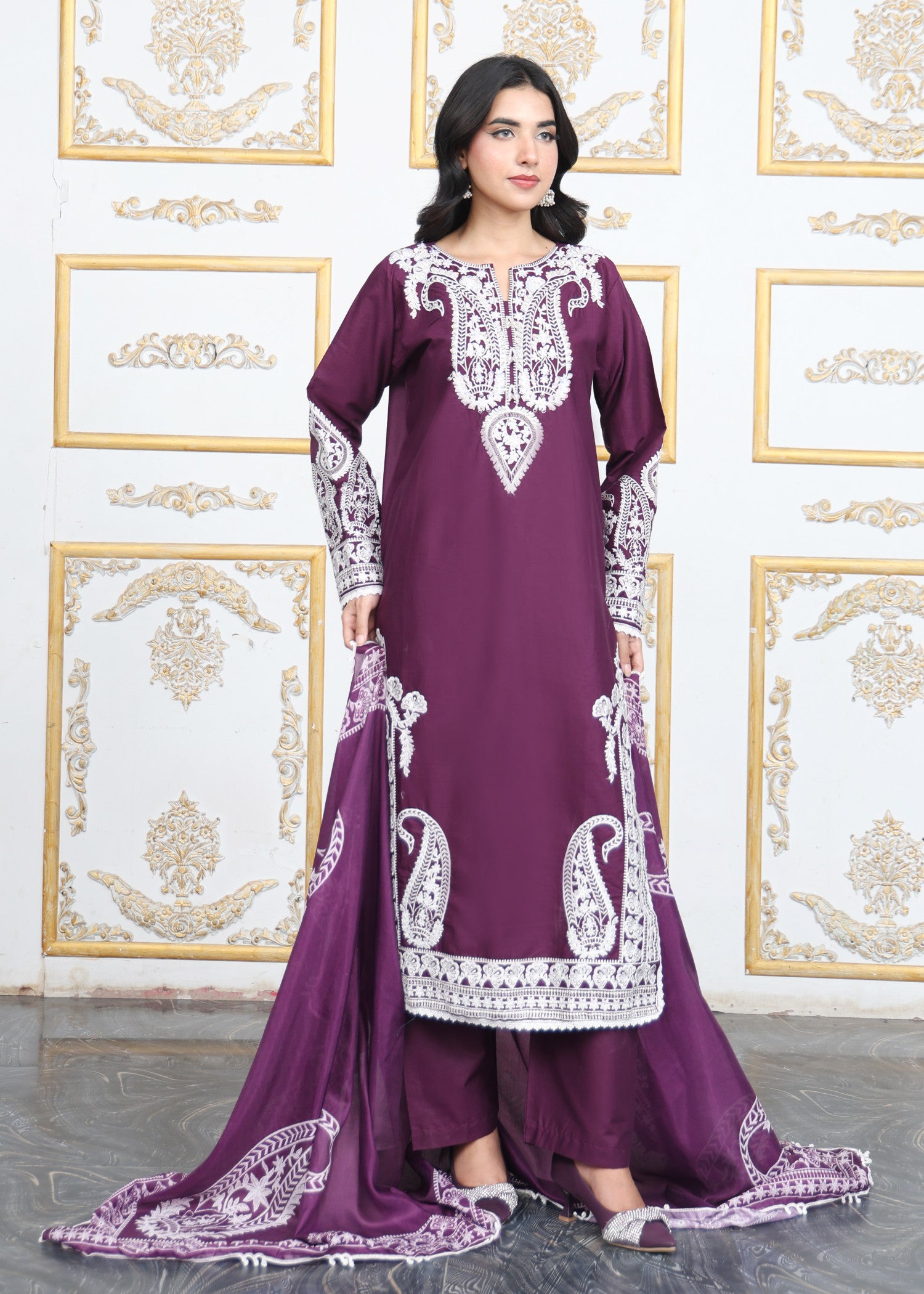 lawn cotton Kurta Set in Plum