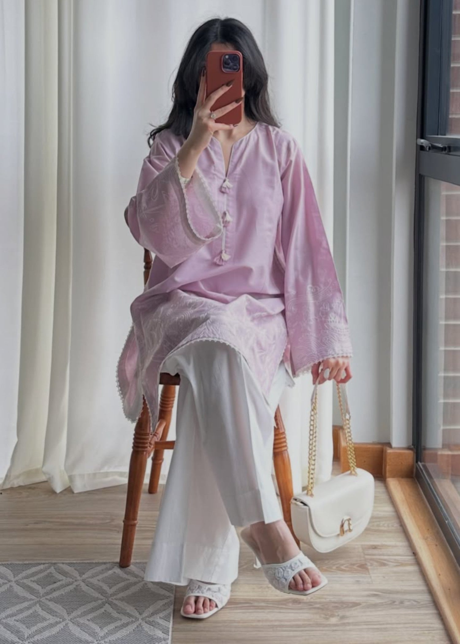 cotton Kurta Set in White, lavender grey
