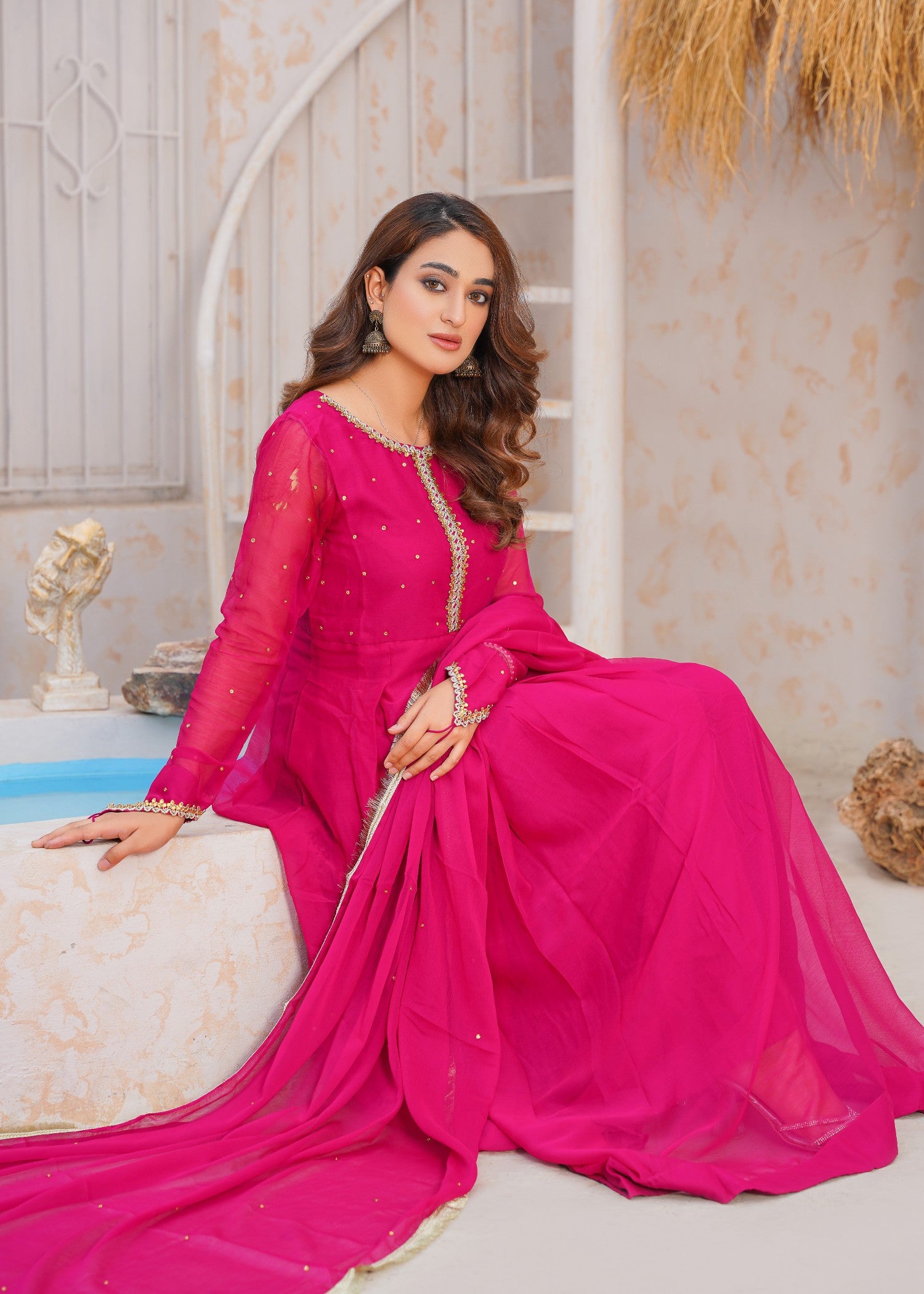 chiffon Anarkali in Hot pink