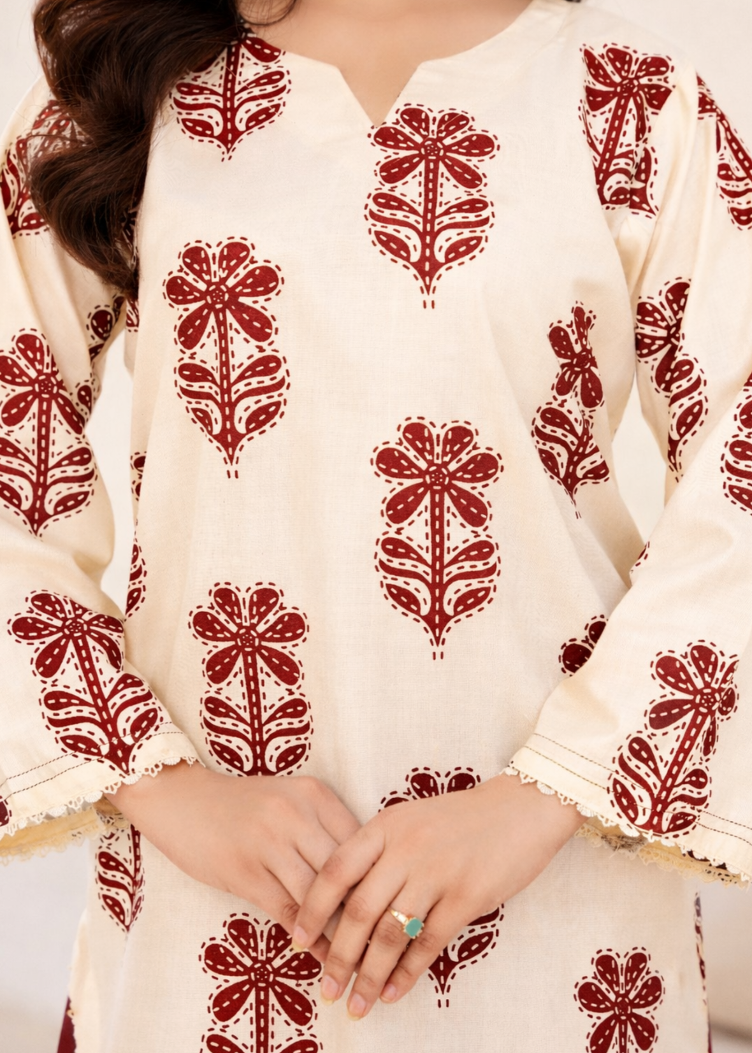 linen Kurta Set in Maroon, cream