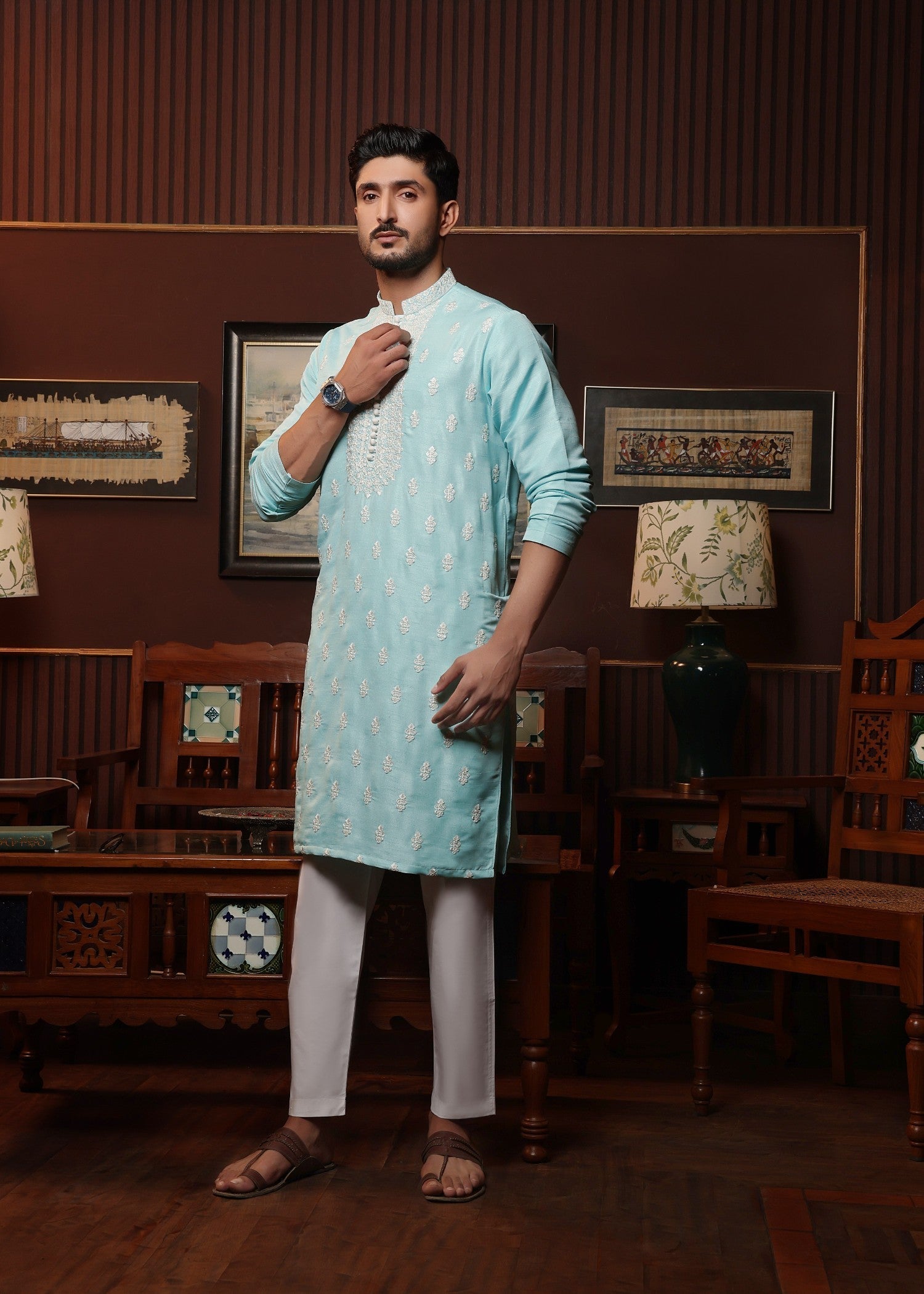 raw silk Kurta Set in Frost blue