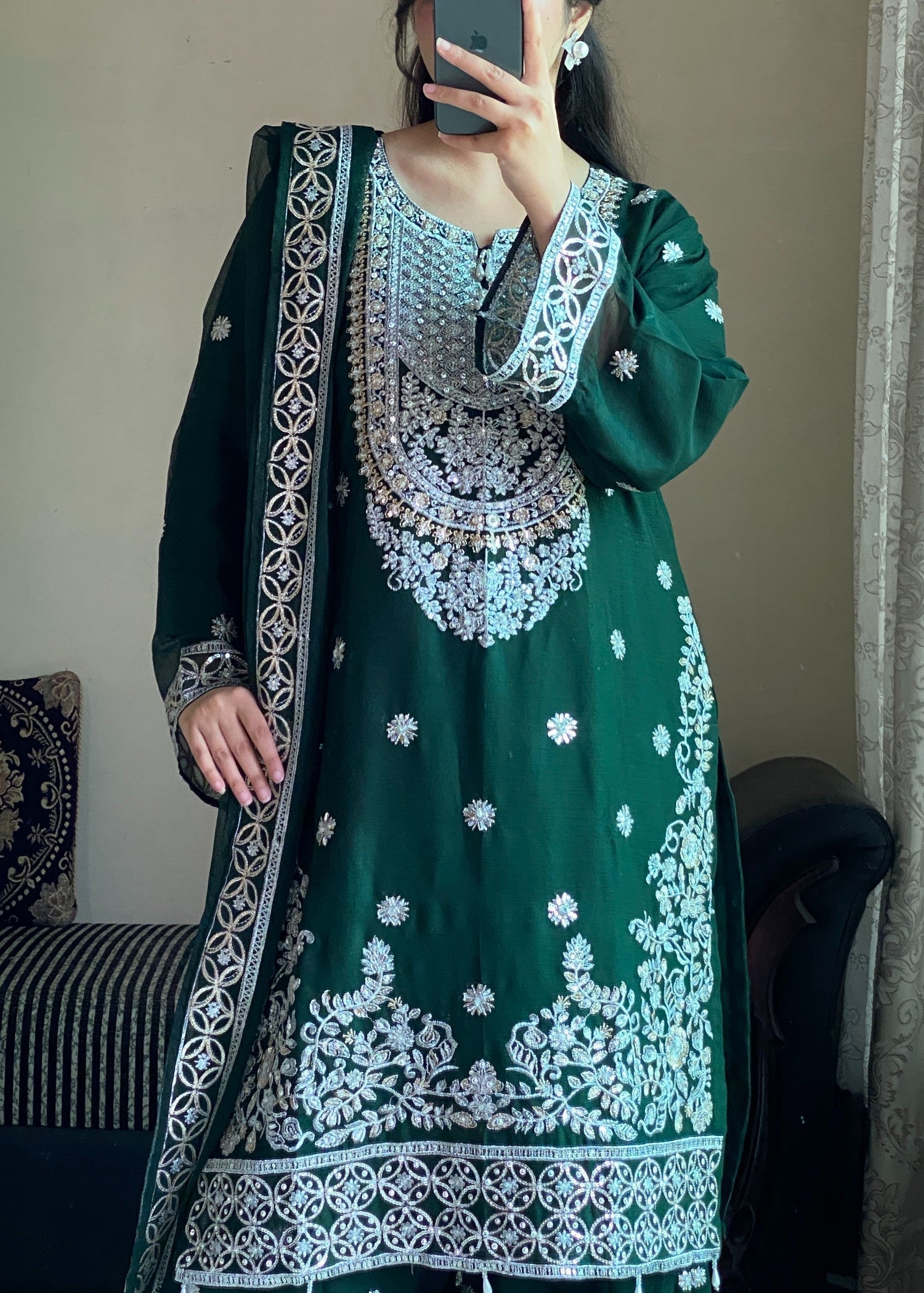 chiffon Gharara in Bottle green