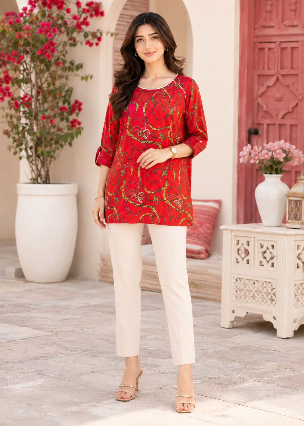 poly silk Tunic in Red