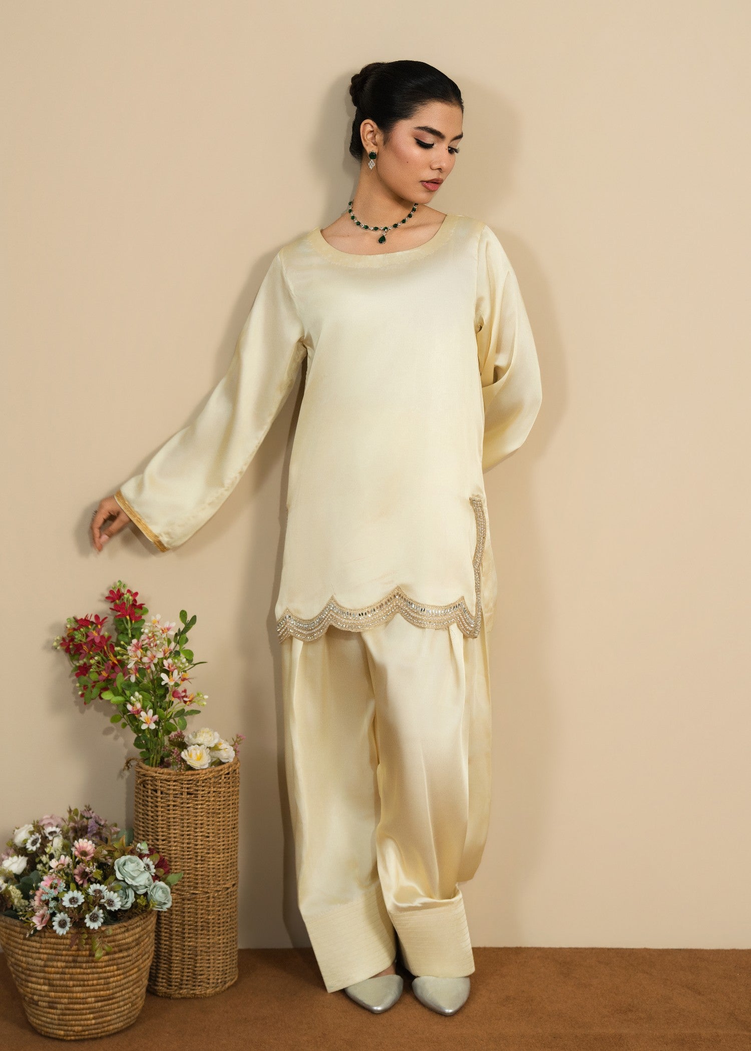 silk Kurta Set in Pale yellow