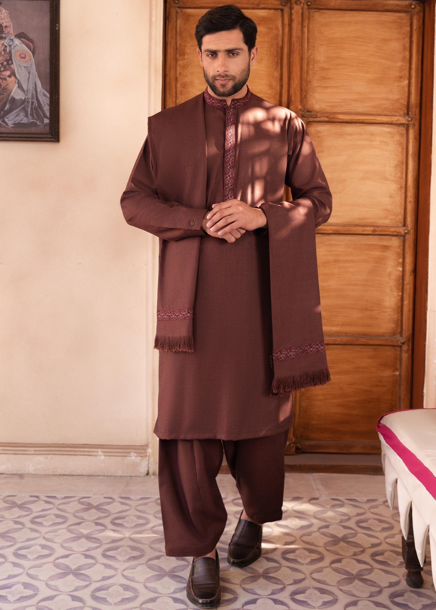wool Shalwar Kameez in Maroon by Arshad Mens Wear