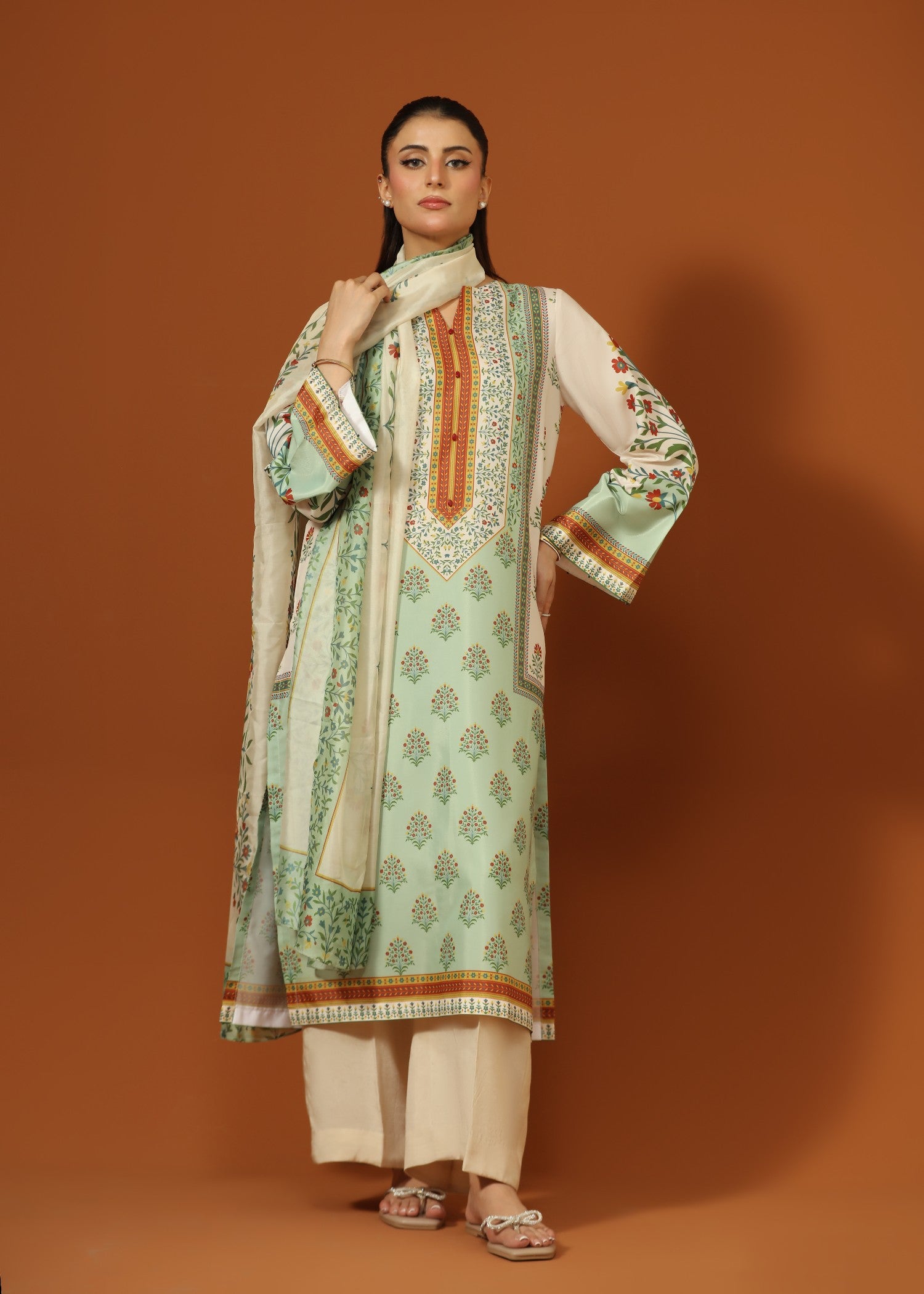crepe silk Kurta Set in Olive green, mint green