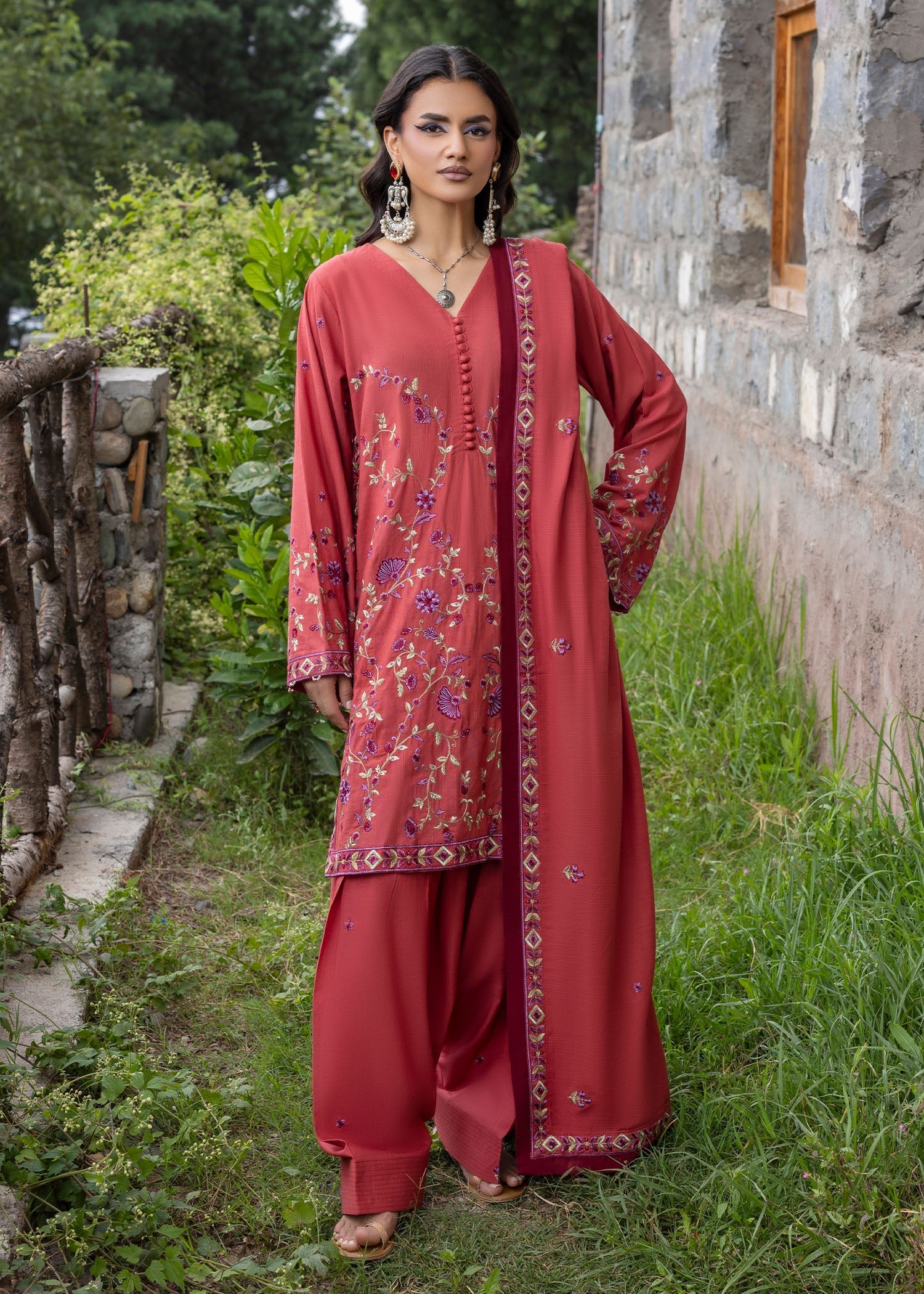 khaddar Kurta Set in Coral red