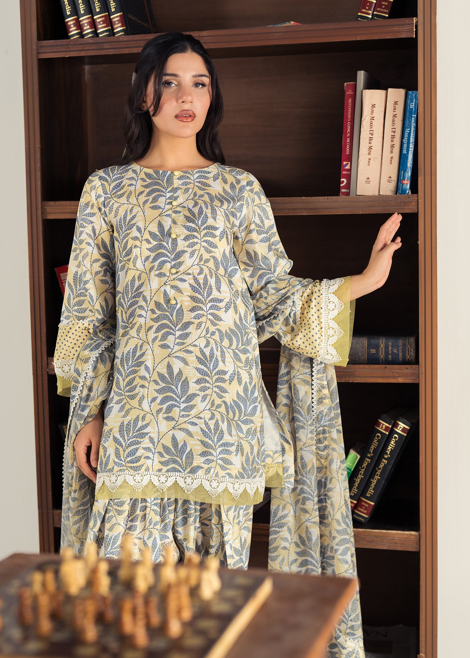slub lawn Kurta Set in Acid yellow